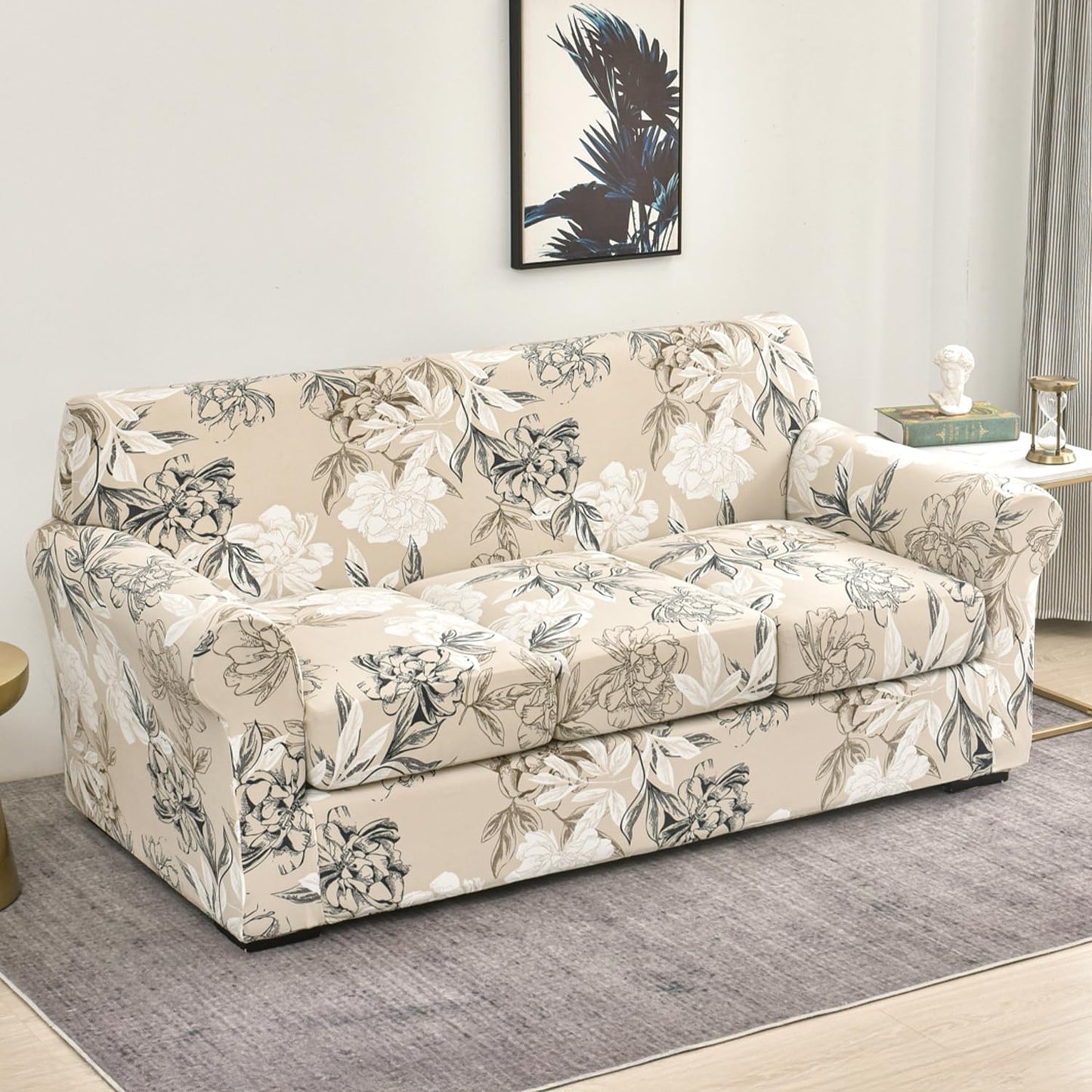 Printed Stretchable Sofa Slipcover with 1/2/3 Pc Separate Seat Cushion Cover for each 1/2/3 Seater, Beige Vintage Peony