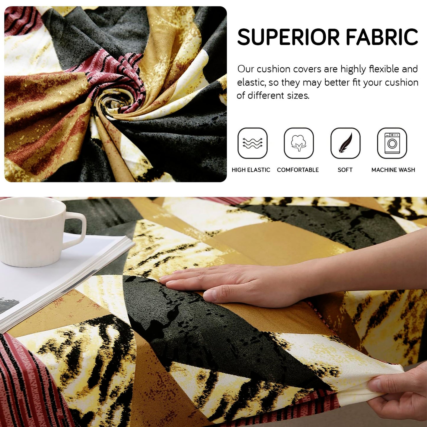 140 GSM Stretchable Printed Elastic Sofa Cushion Seat Cover for 1 /2 /3 Seaters / Pieces for Sofa, Wine Abstract Geometry