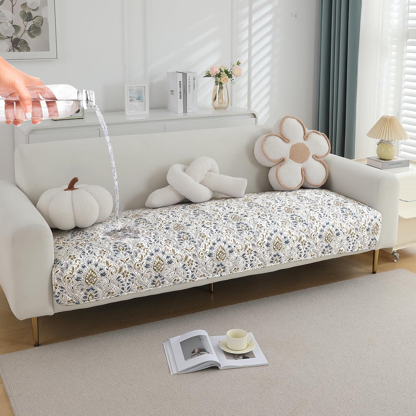 Quilted 1/2/3 Seater Waterproof and Anti-Slip Sofa Cover Mat, Damask White