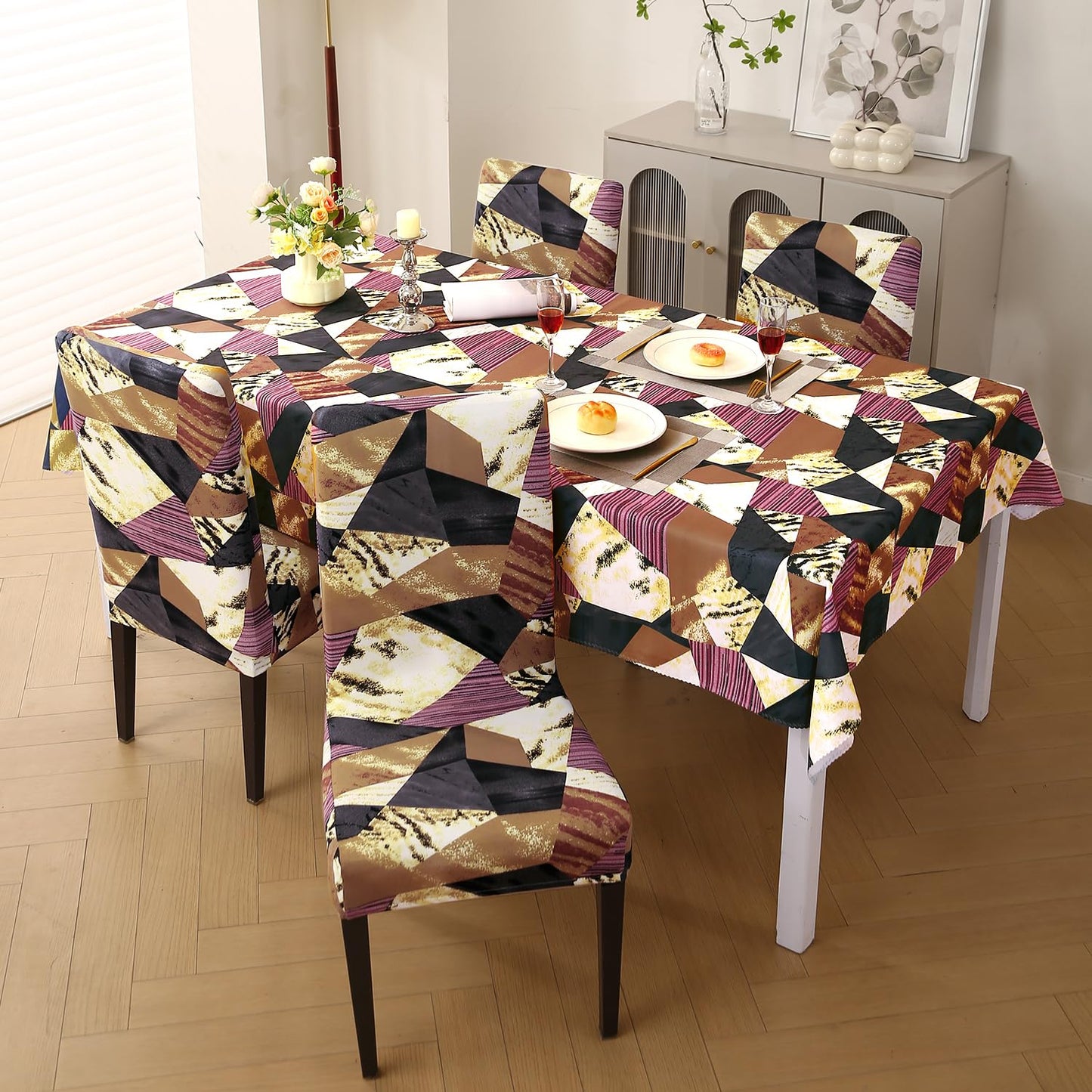 HOKIPO Elastic Dining Chair Covers with Matching Tablecloth, Wine Abstract Geometry