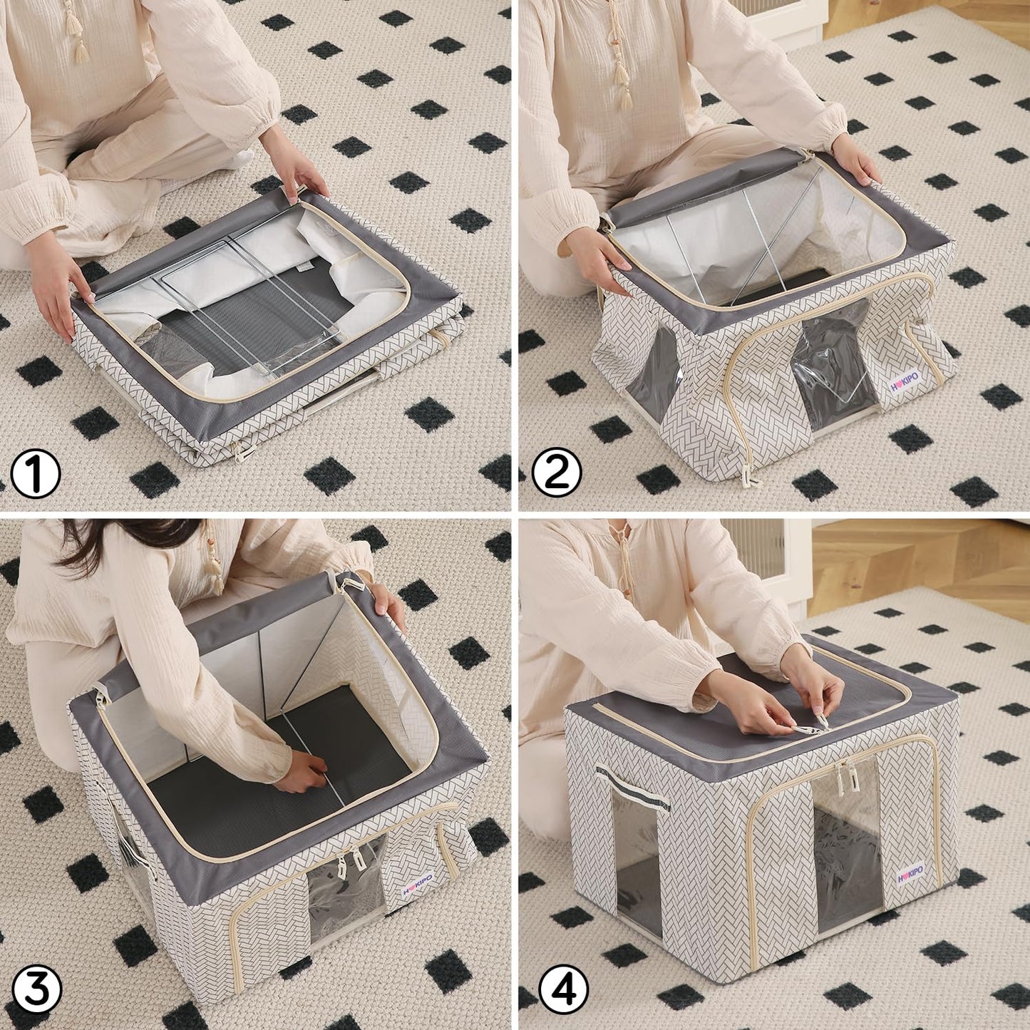 Wardrobe Organizer Storage Box | Foldable Cloth Storage Boxes with Metal Frame & Window | 600D Oxford Fabric, Cream Mist