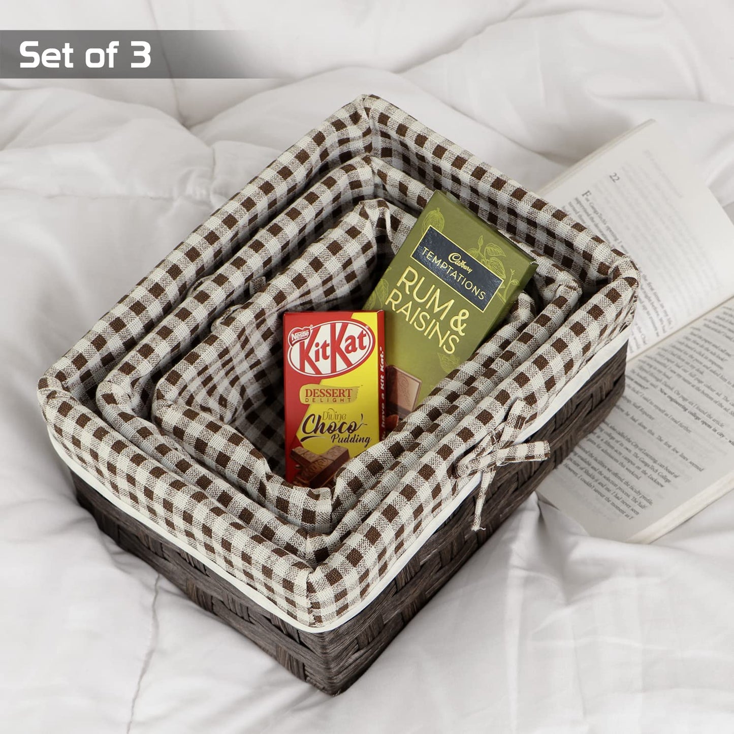 Handwoven Imitation Rattan Wicker Rectangular Basket For Home, Office, Wardrobe. Pack Of 3, Copper Brown