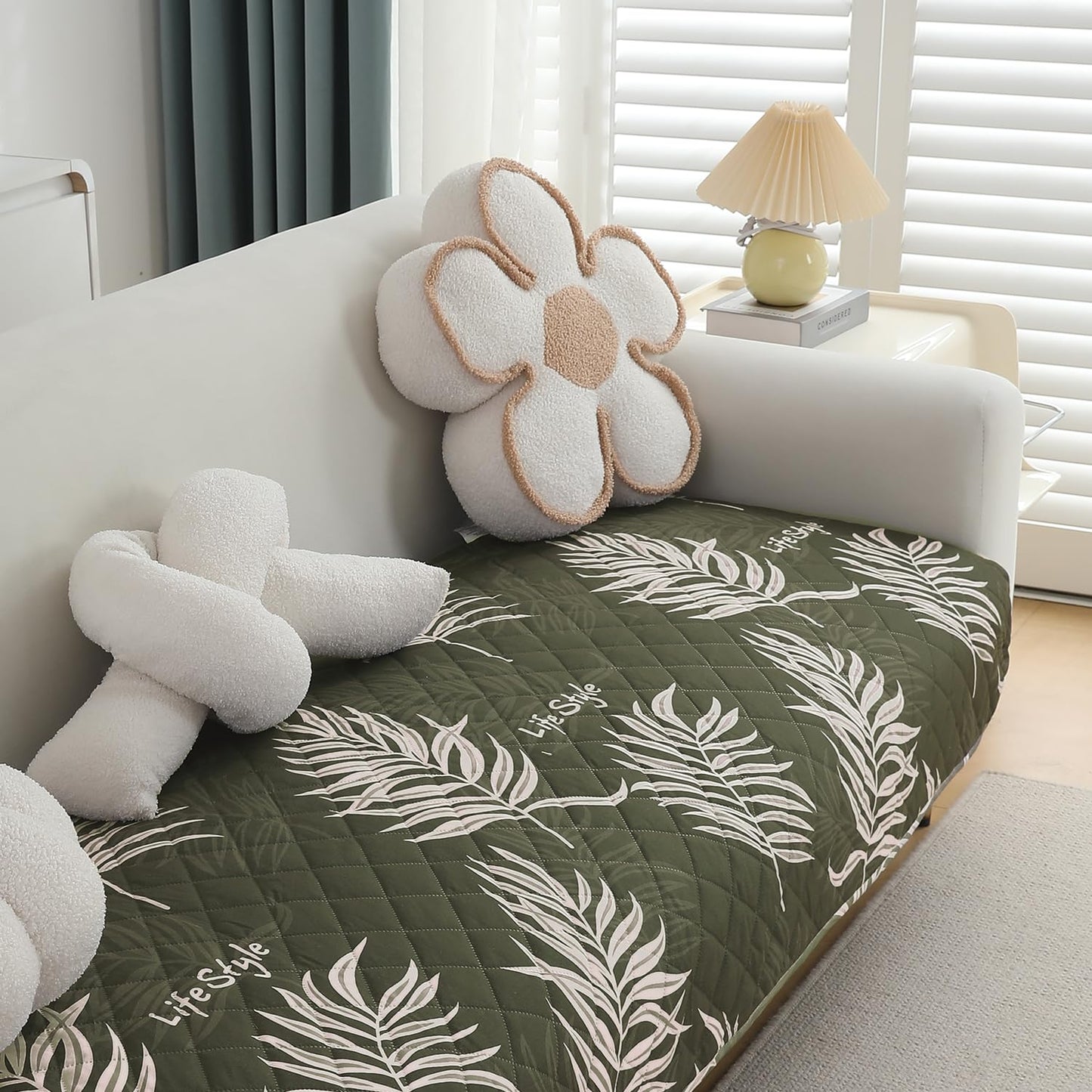 Quilted, Waterproof and Anti-Slip Sofa Cover Mat, Palm Leaves Olive