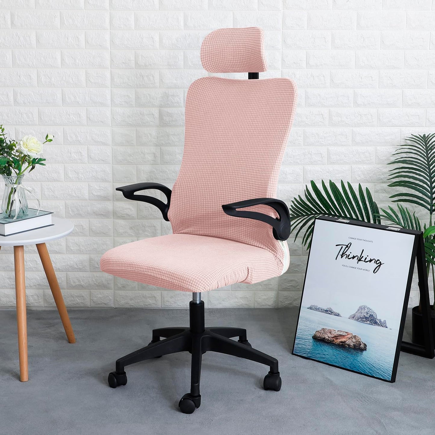 Stretchable Jacquard Office Boss Chair Seat Cover with Headrest Cover for Computer Desk Chair, Pink