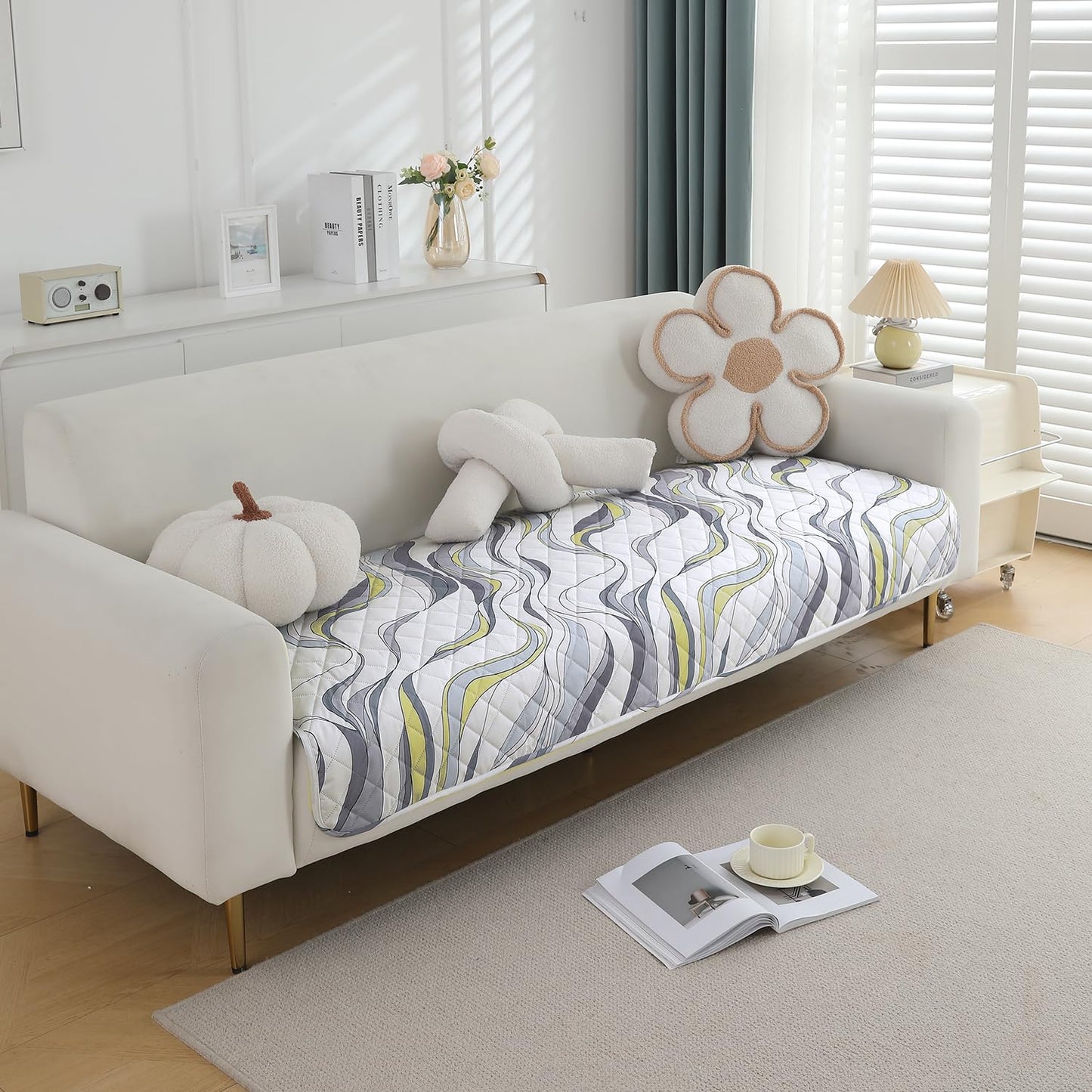 Quilted, Waterproof and Anti-Slip Sofa Cover Mat, Curved Lines Pearl White