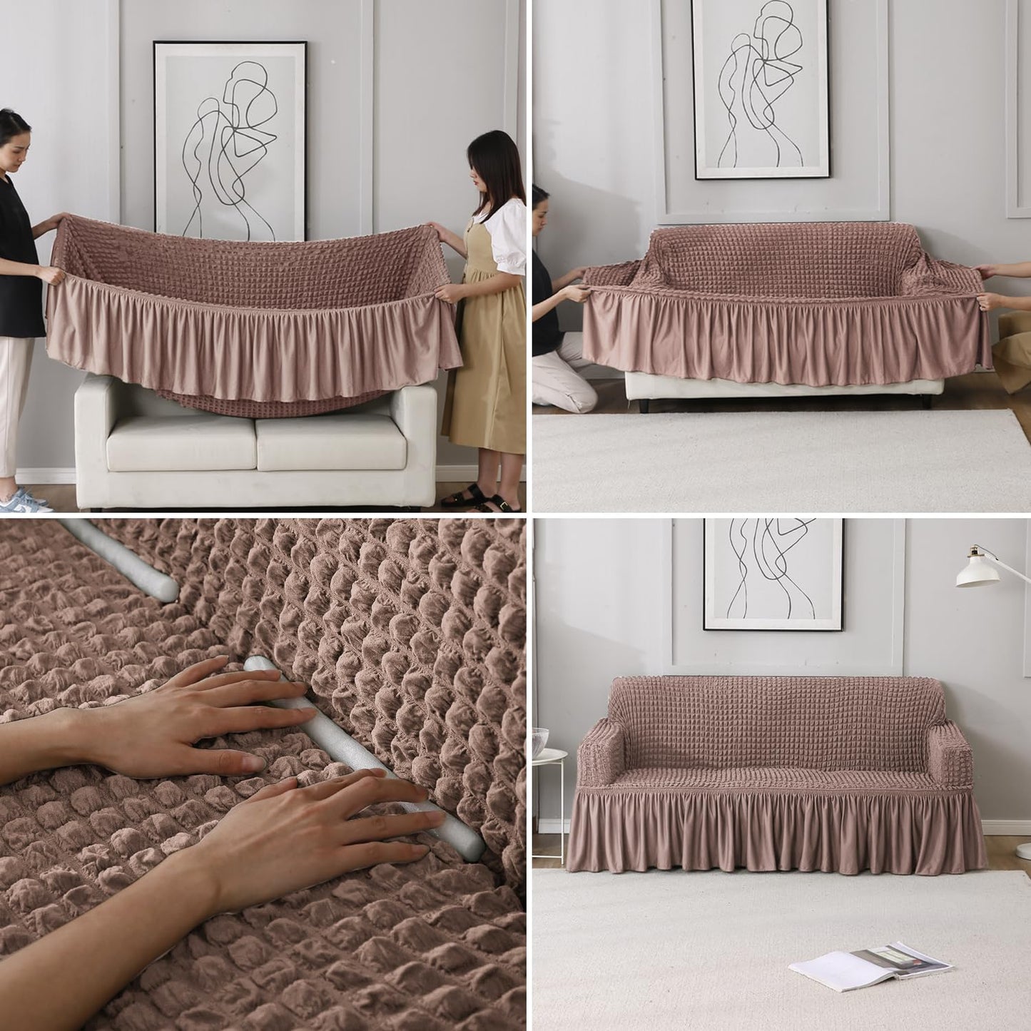 How to put Mocha stretchable Turkish Bubble frill sofa cover guide