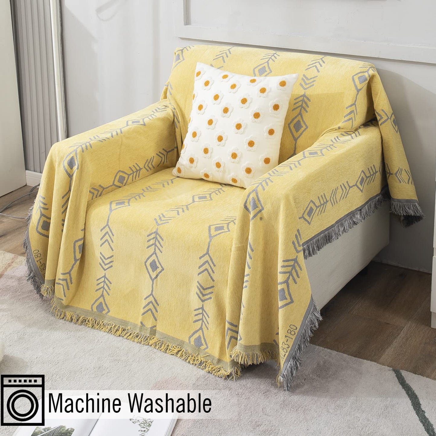 Yellow Aztec, Thick, Soft and Pet Friendly Chenille Sofa Cover Throw