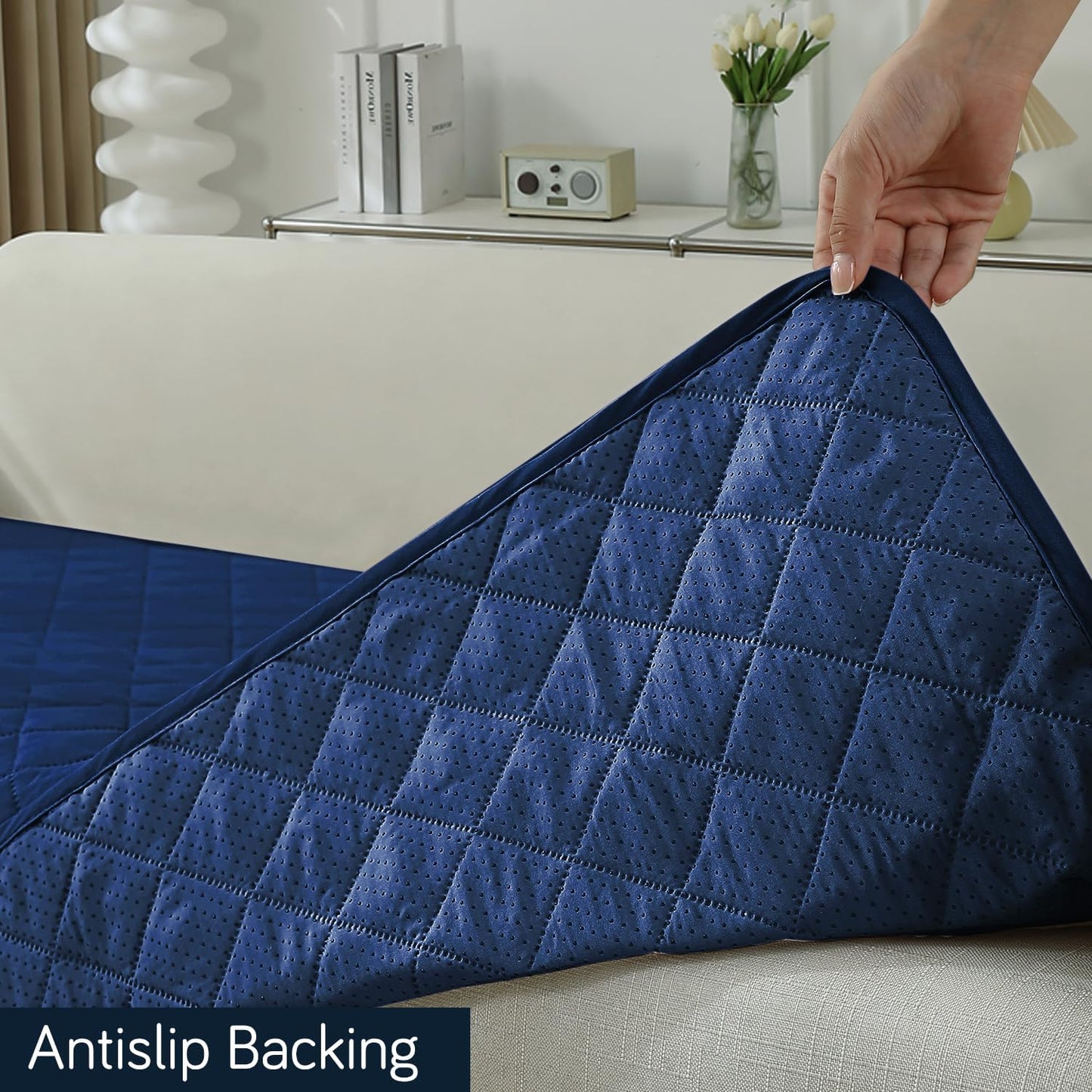 HOKIPO Quilted Waterproof Sofa Seat Mat for 1/2/3 Seater Sofa with 2 Armrest Covers with Pockets, Navy Blue