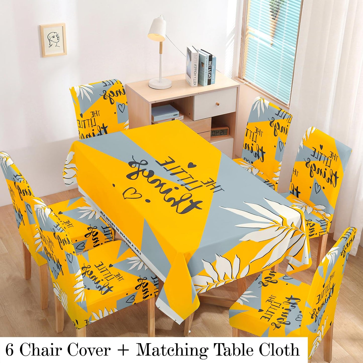 HOKIPO Polyester Dining Chair Covers Set of 4/6 with Matching Tablecloth, Typography Cyber Yellow