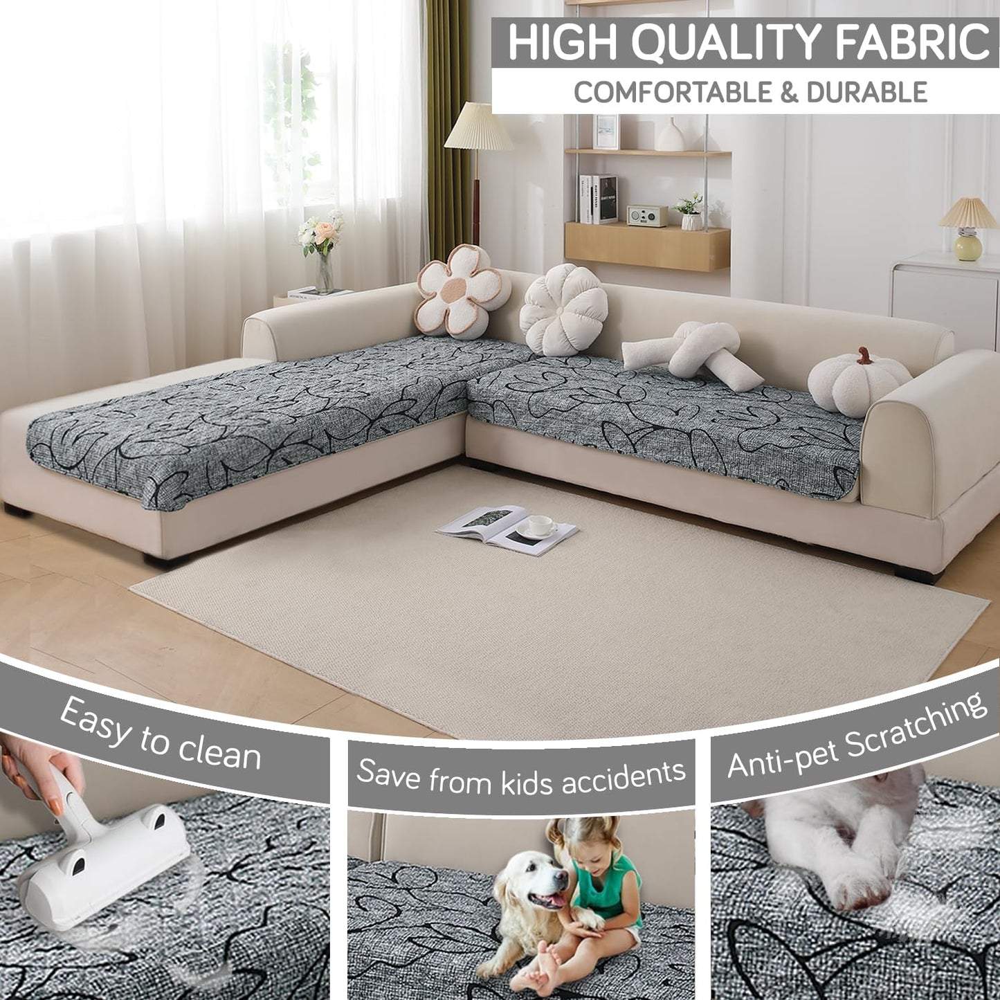 Waterproof Printed Quilted Quick Dry L Shape Sofa Seat Cover Mat, Intense Grey Abstract Floral