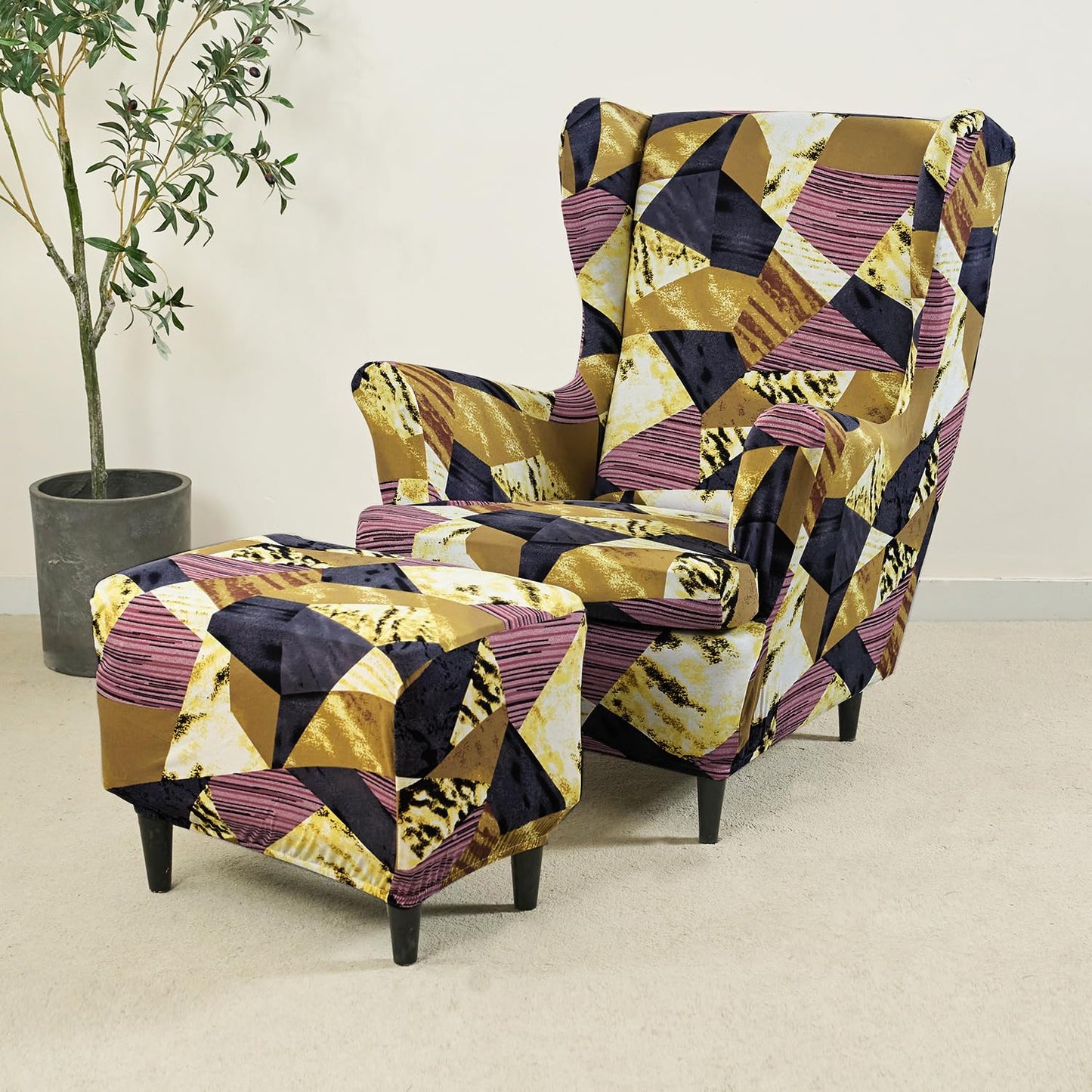 Buy Wine Abstract Geometry Stretchable Wingback Chair & Footstool Cover