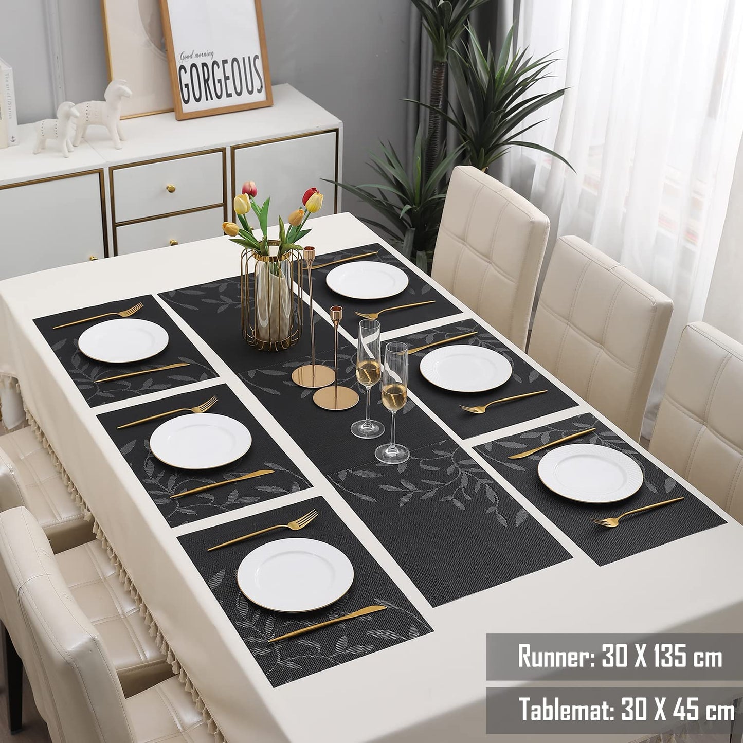 PVC Dining Table Mats, Black Leaves