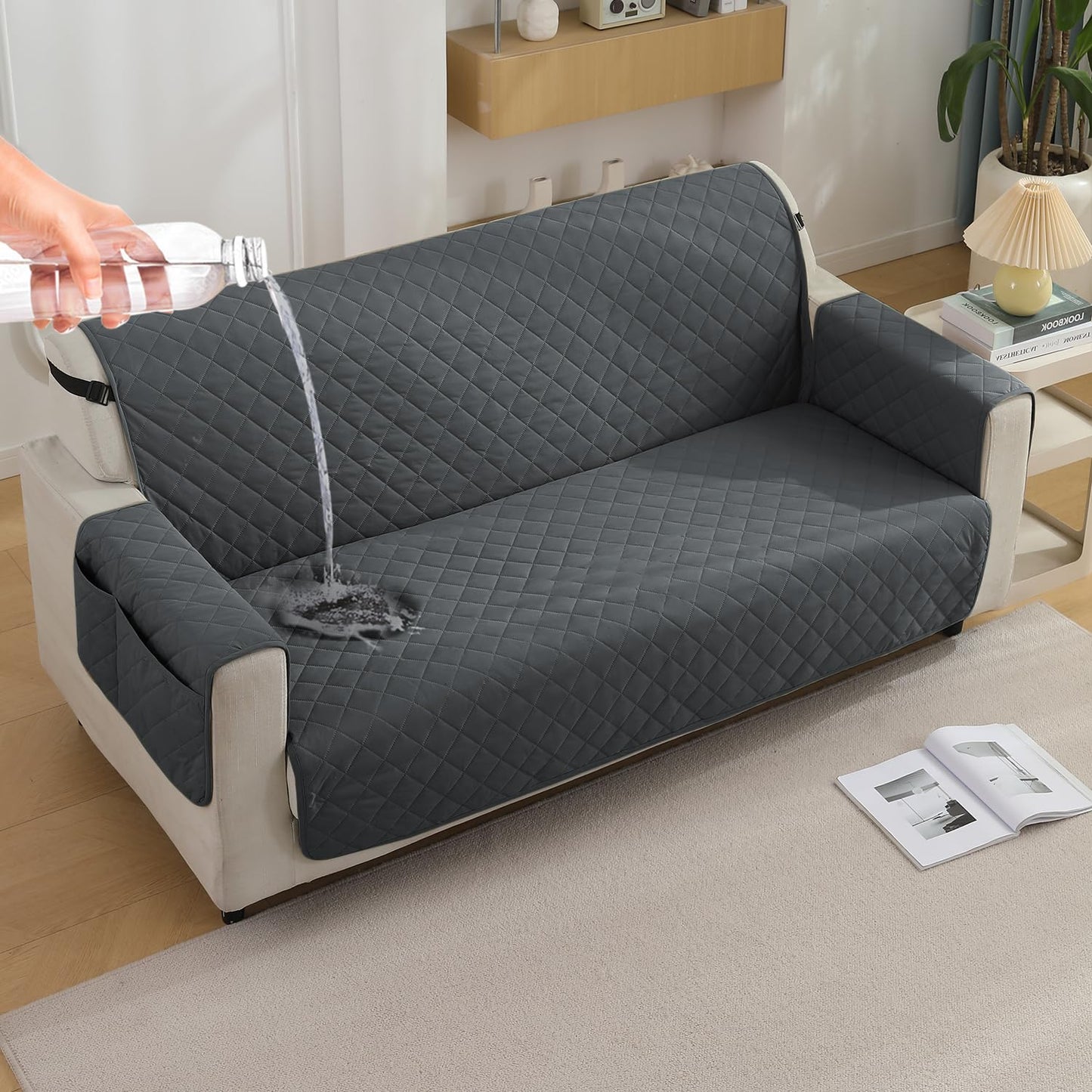 Quilted Waterproof Sofa Cover Mat with Pockets on Armrest Cover - Grey