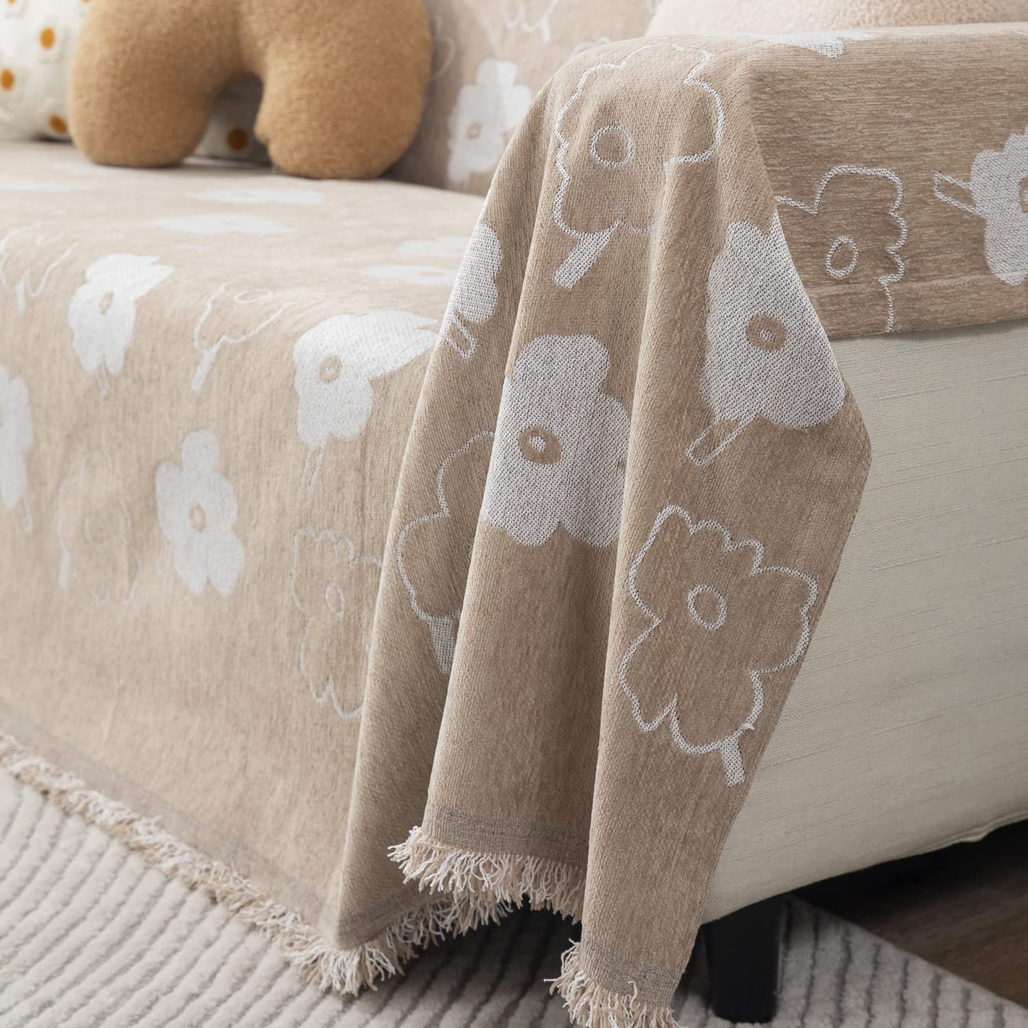 Beige Floral, Thick, Soft and Pet Friendly Chenille Sofa Cover Throw