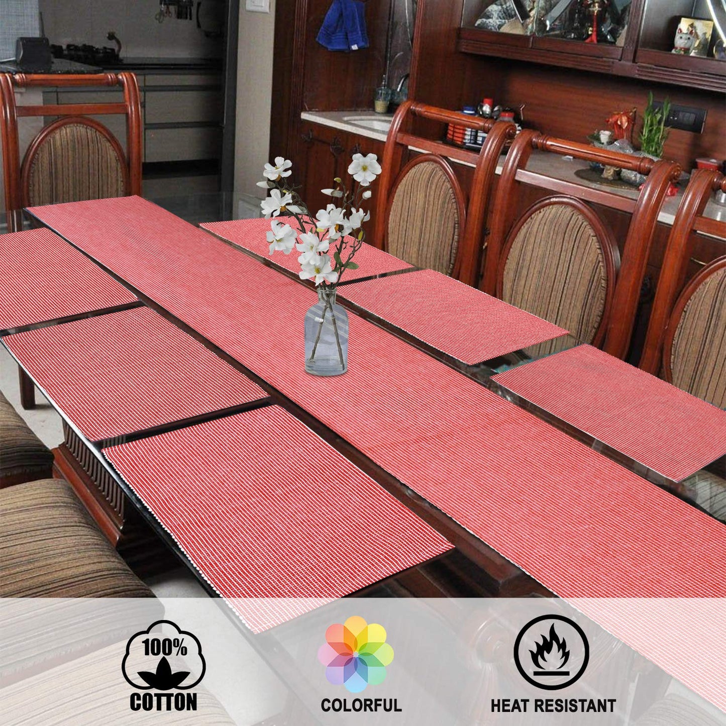 Ribbed Cotton Heat Resistant Dining Table Mat, Red