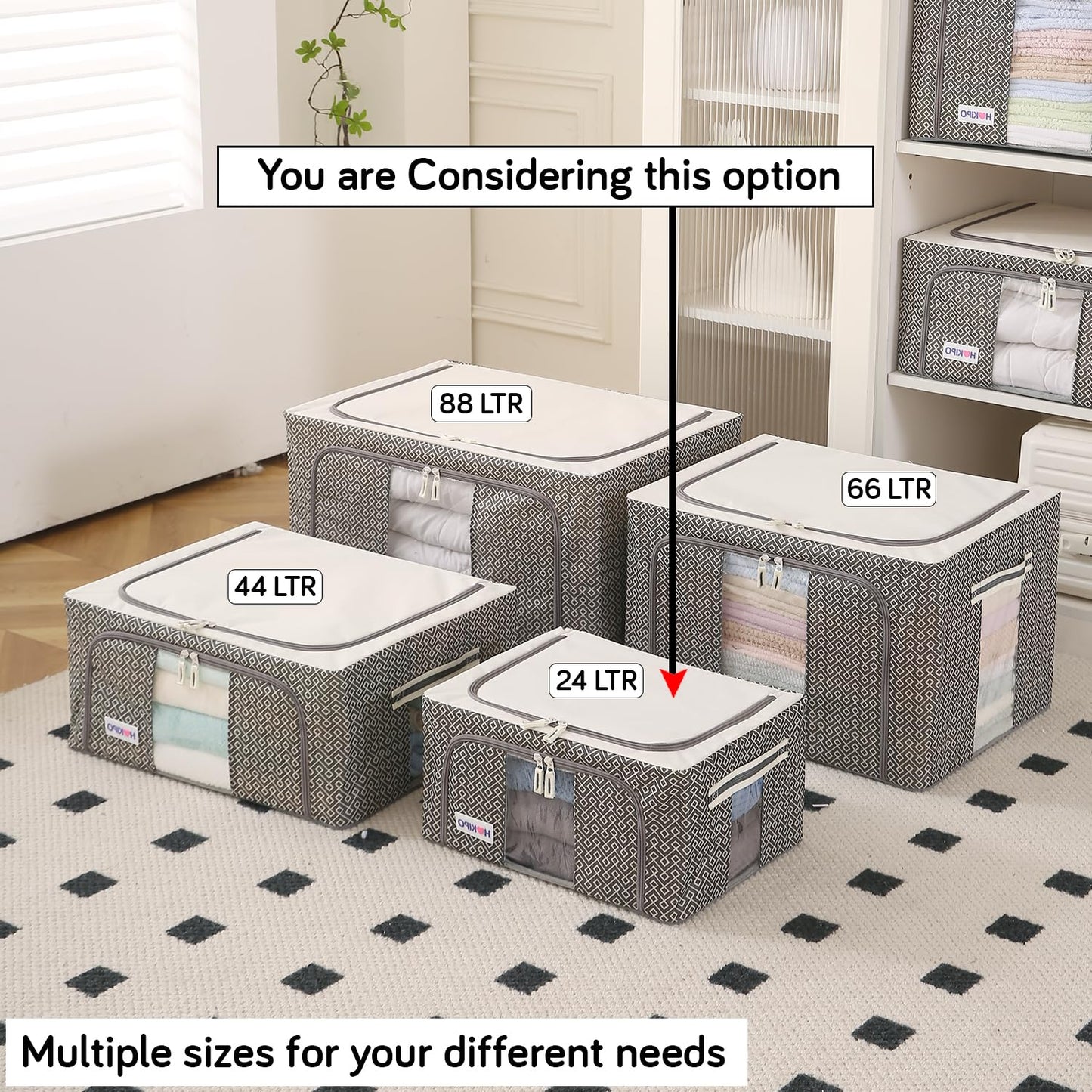 Wardrobe Organizer Storage Box | Foldable Cloth Storage Boxes with Metal Frame & Window | 600D Oxford Fabric, Charcoal Grey