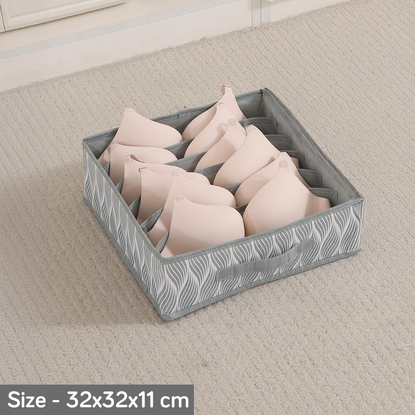 Lingerie Organizer for Women – Bra Organizer for Wardrobe & Drawers | Foldable Innerwear Organiser for Bras, Camisoles | Non-Woven Fabric, Grey leaves