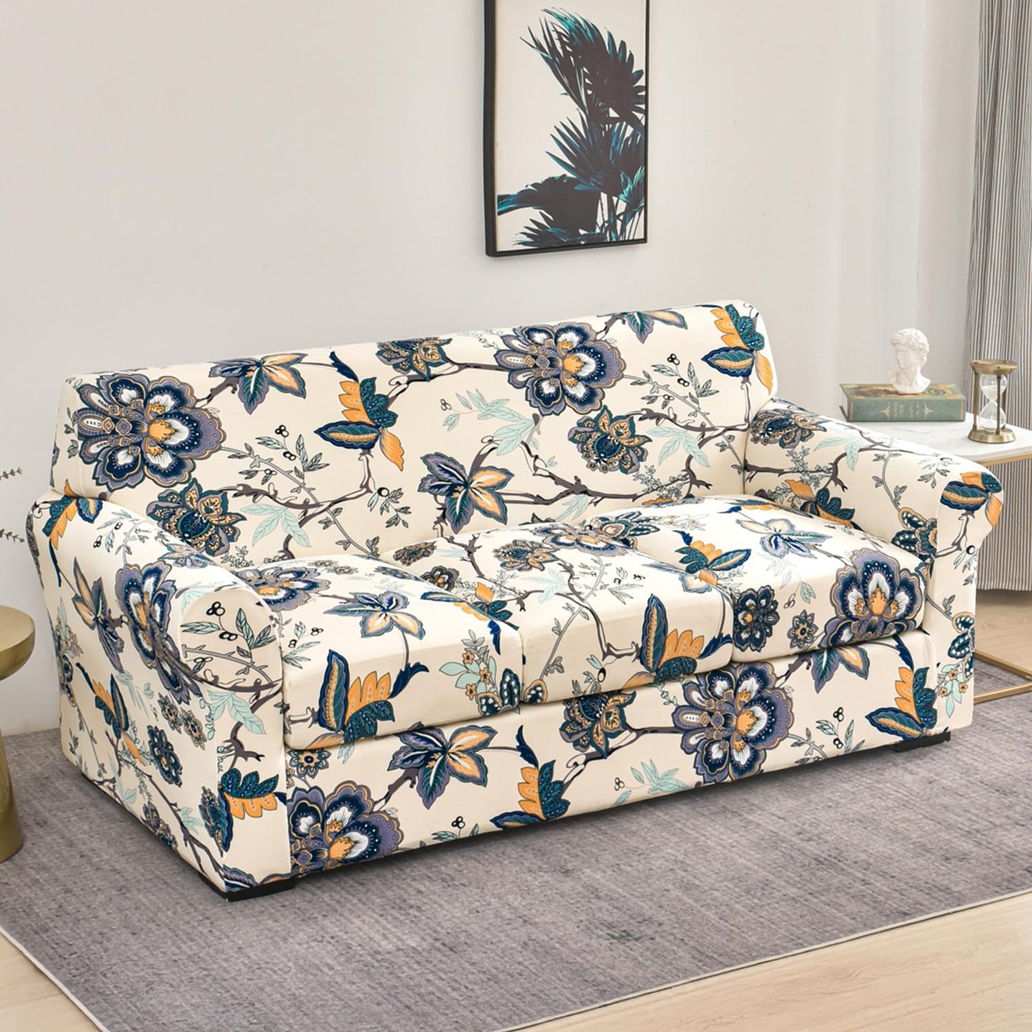 Printed Stretchable Sofa Slipcover with 1/2/3 Pc Separate Seat Cushion Cover for each 1/2/3 Seater, Cream Majestic Flora