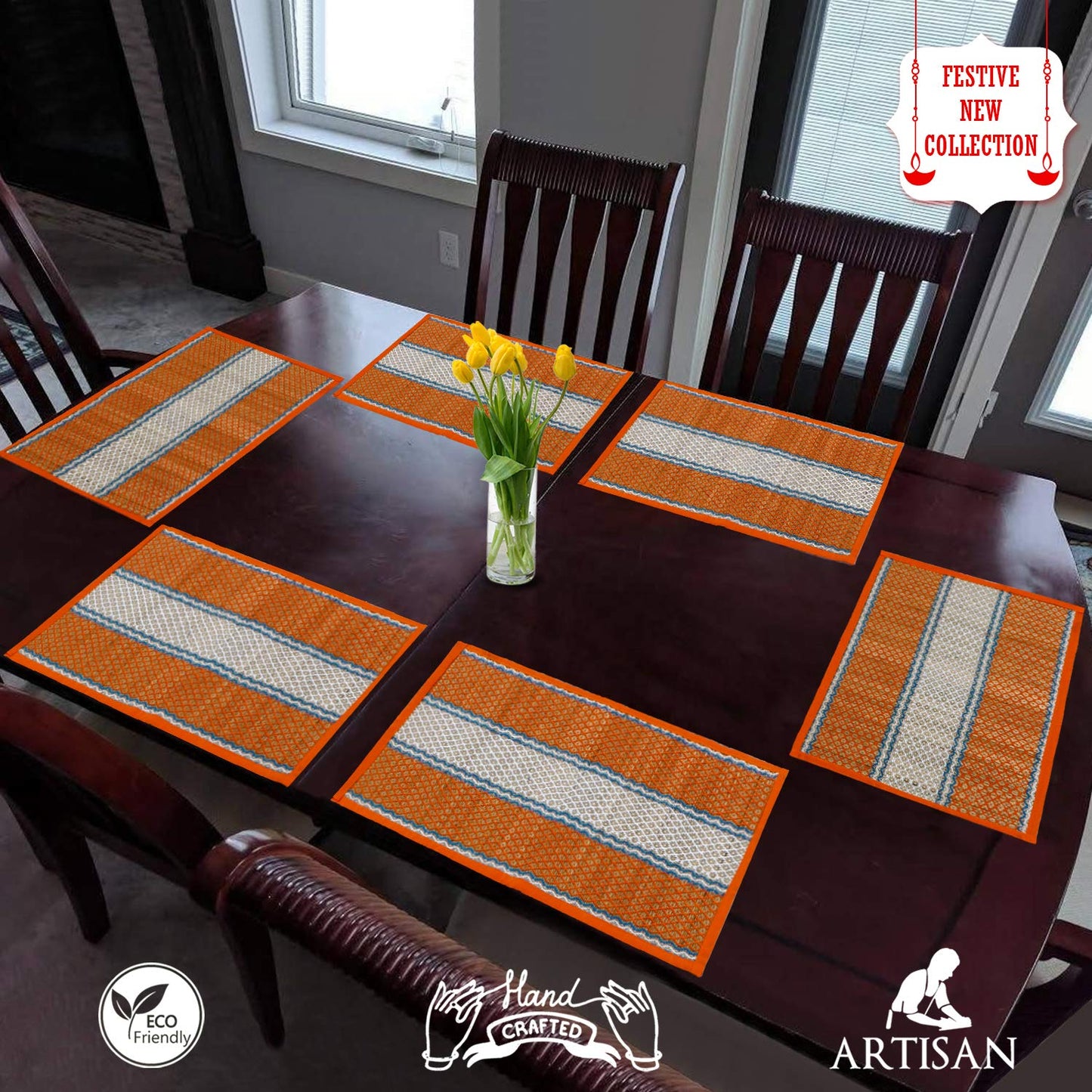 Handmade Madurkathi River Grass Dining Table Mats, Orange