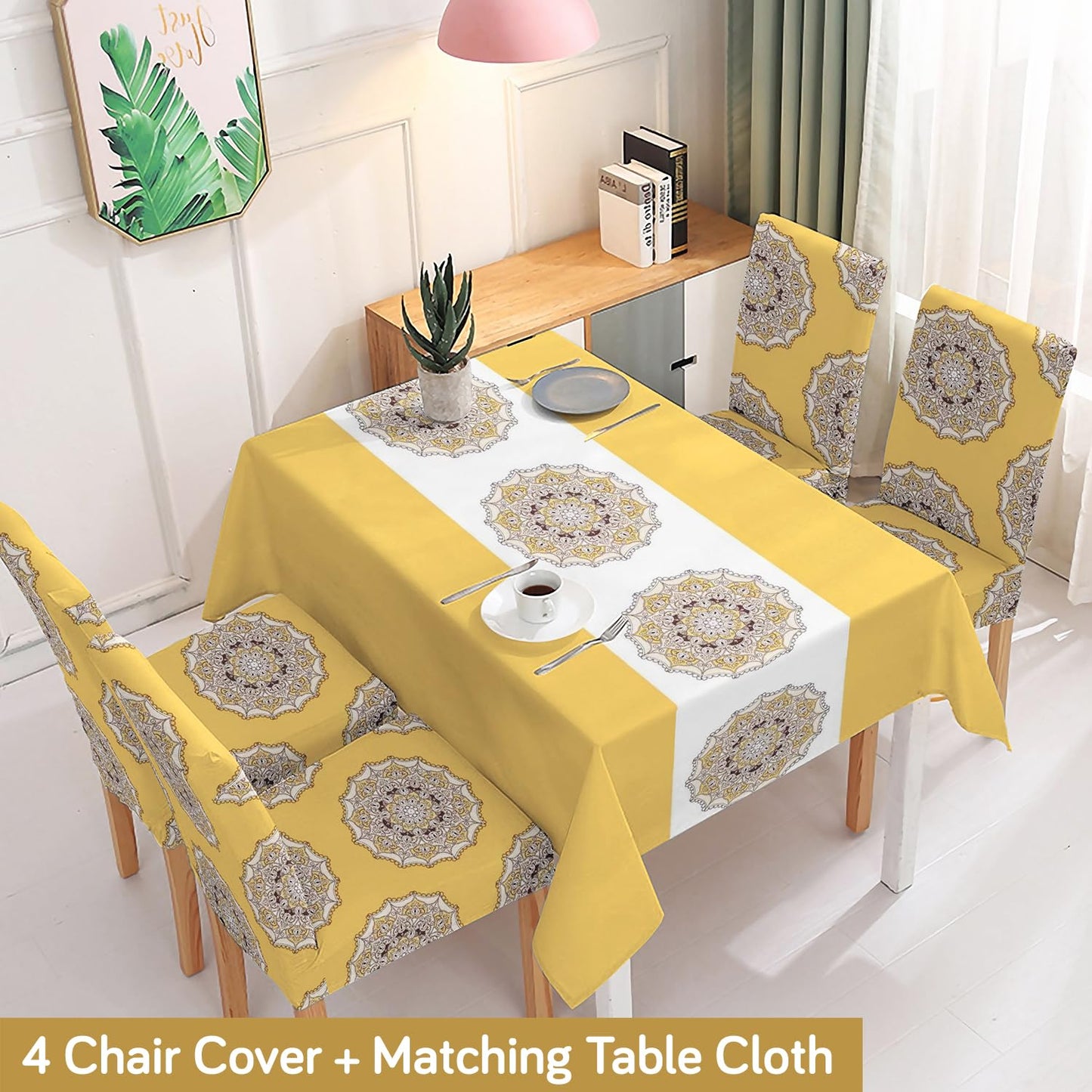 Yellow Printed Dining Table Cover with Chair Covers | 4/6 Seater