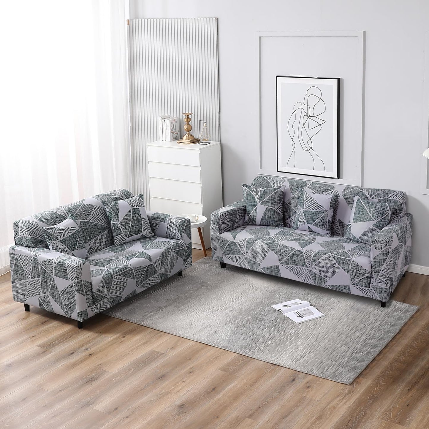Elastic Stretchable Printed Sofa Cover, Grey Geometric Abstract