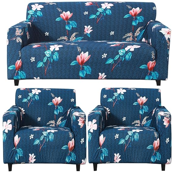 Elastic Stretchable Printed Sofa Cover and Cushion Cover, Blue Mixed Flowers