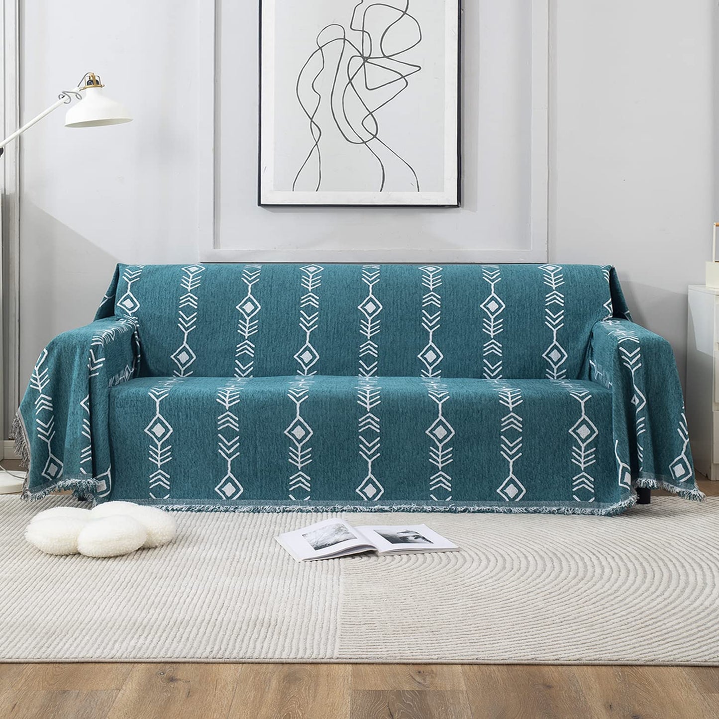 Thick, Soft and Pet Friendly Chenille Sofa Cover Throw, Teal Aztec