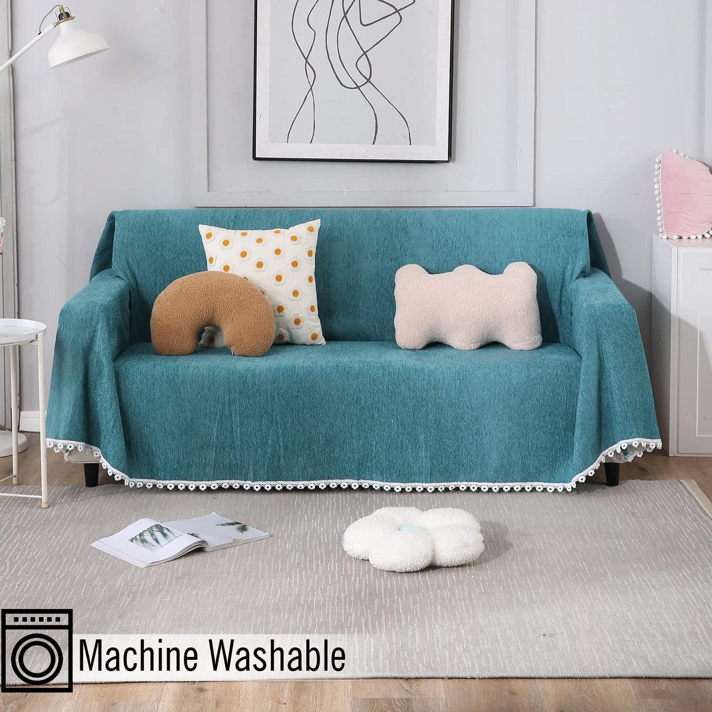 Buy Blue colour chenille sofa throw in size 180(D)x180(L) for one seater, 180(D)x230(L) for two seater, 180(D)x300(L) for 3 seater