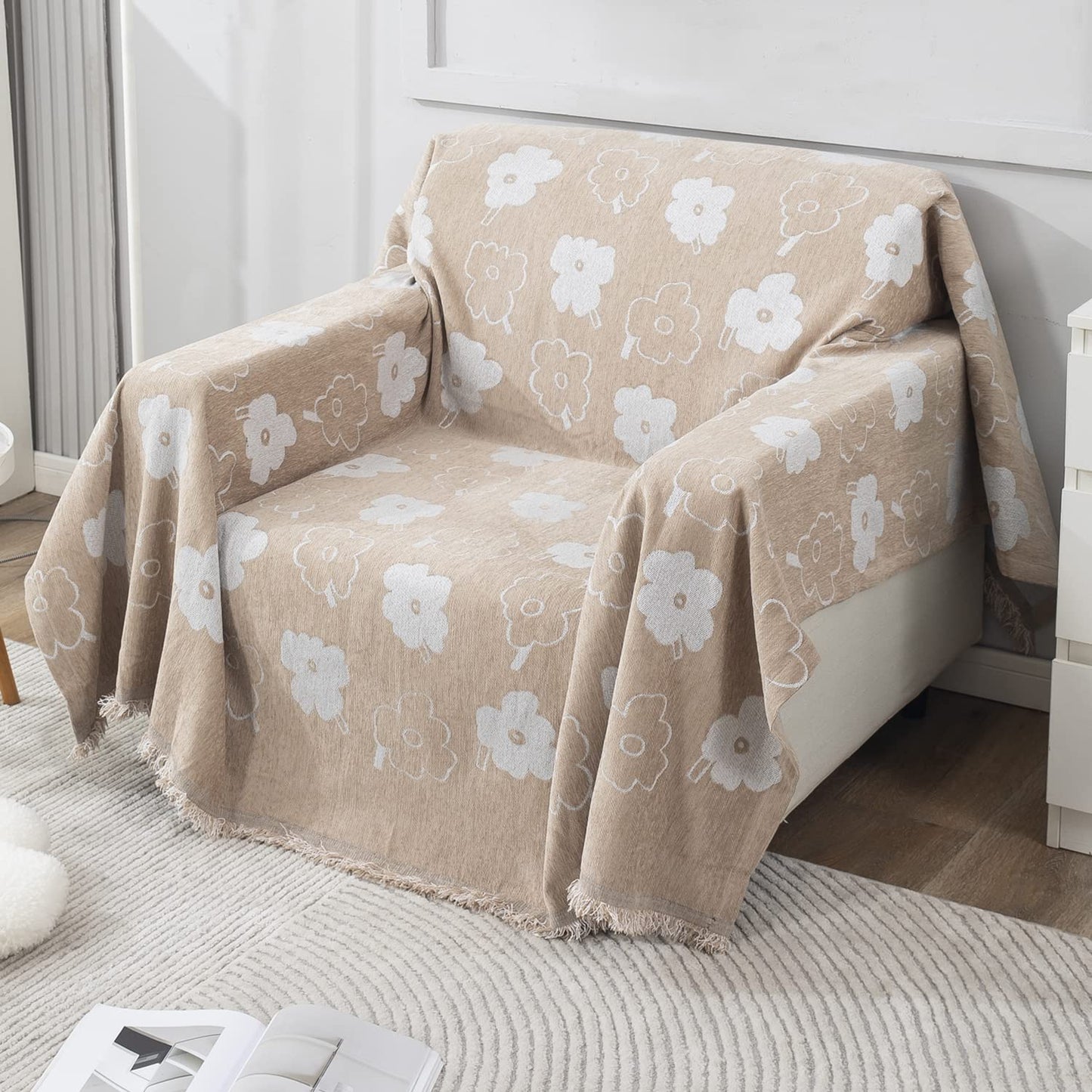 Beige Floral, Thick, Soft and Pet Friendly Chenille Sofa Cover Throw