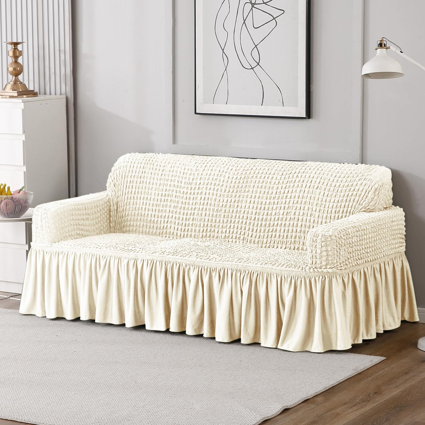 Cream 3 seater Elastic Turkish Bubble Frilled sofa cover set