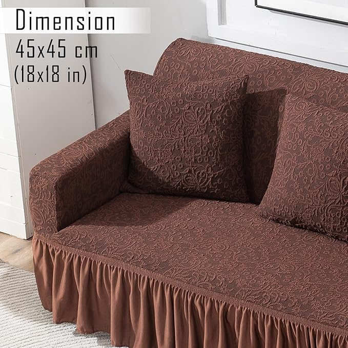 Elastic Stretchable Designer Woven Jacquard Sofa Cover with Frill and Cushion Cover, Pecan Brown