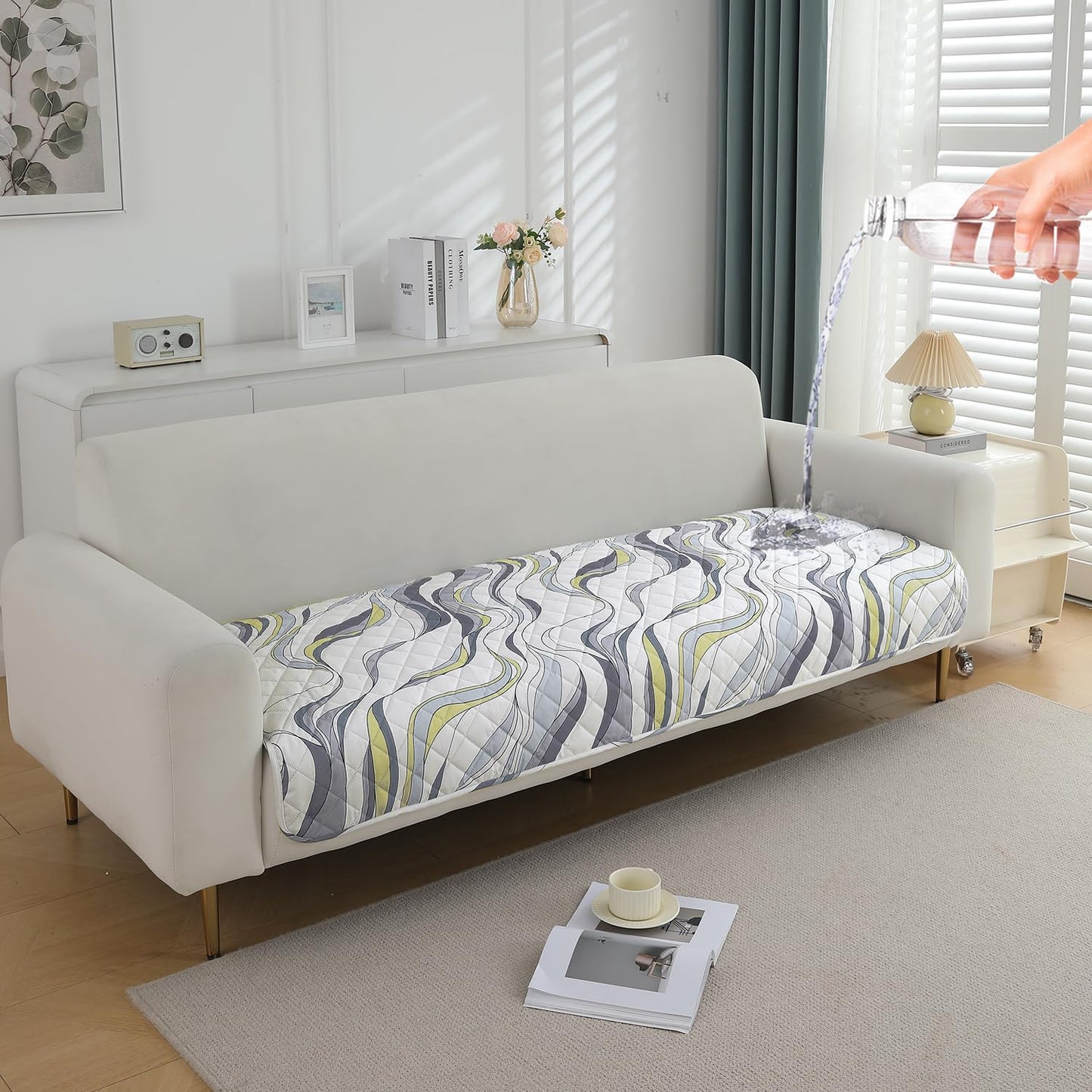Quilted, Waterproof and Anti-Slip Sofa Cover Mat, Curved Lines Pearl White