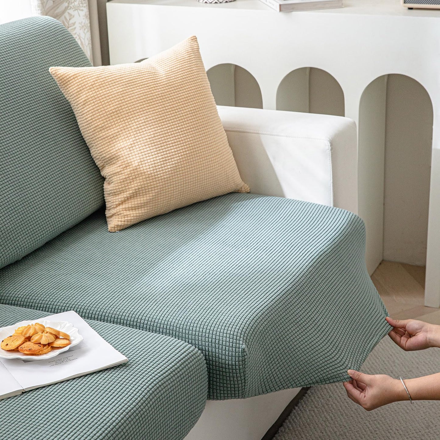 Stretchable Thick Jacquard Textured Seat Cushion Cover for 1/2/3 Seaters / Pieces for Sofa, Green