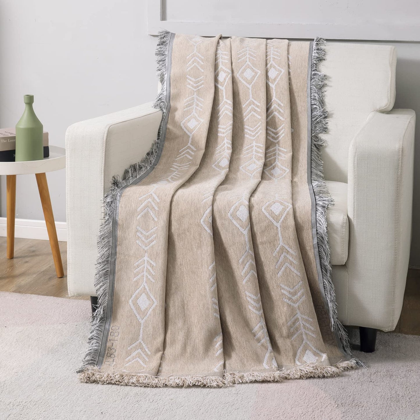 Beige Aztec, Thick, Soft and Pet Friendly Chenille Sofa Cover Throw
