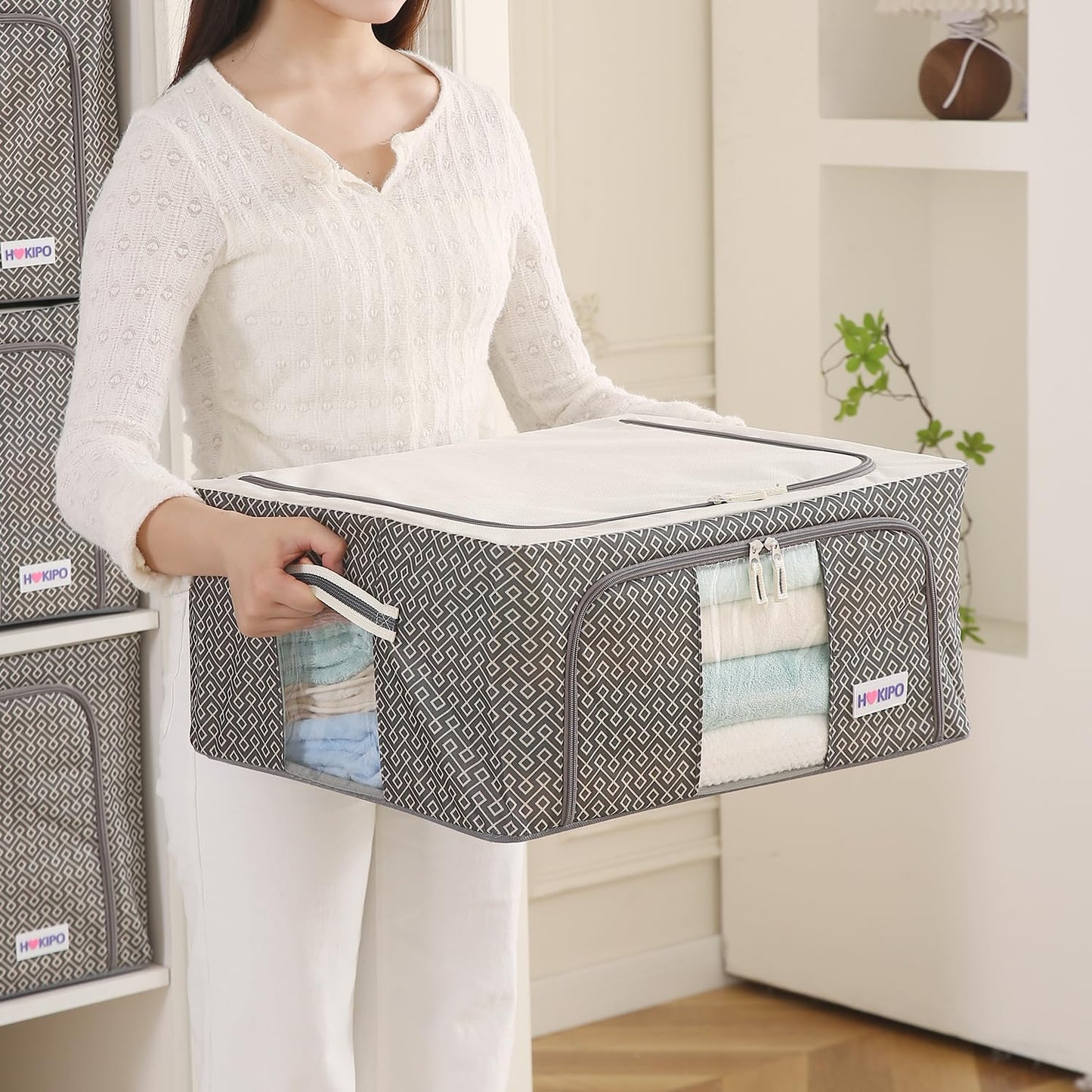 Wardrobe Organizer Storage Box | Foldable Cloth Storage Boxes with Metal Frame & Window | 600D Oxford Fabric, Charcoal Grey