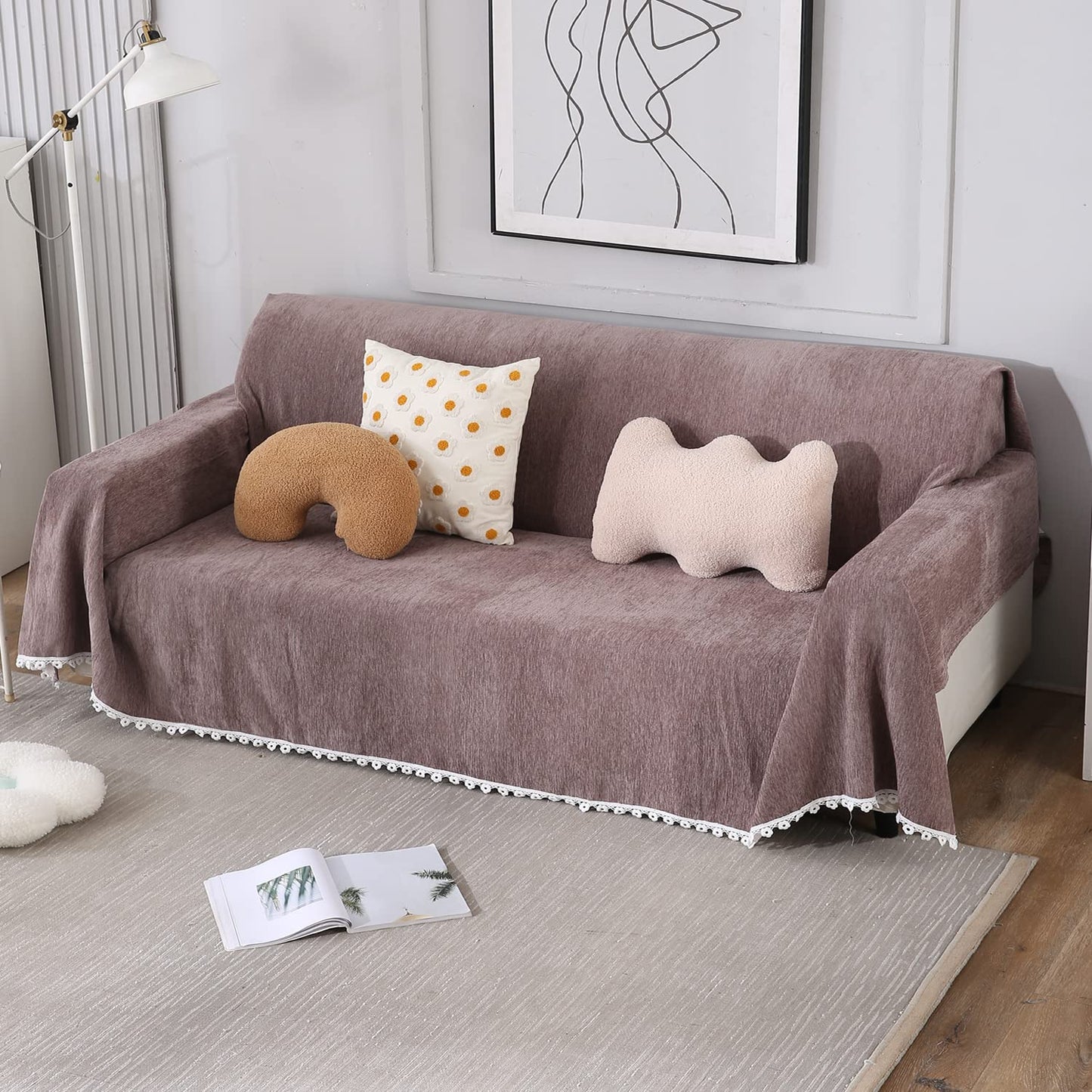 Chenille Sofa Couch Slipcover, Brown for 1/2/3 Seater
