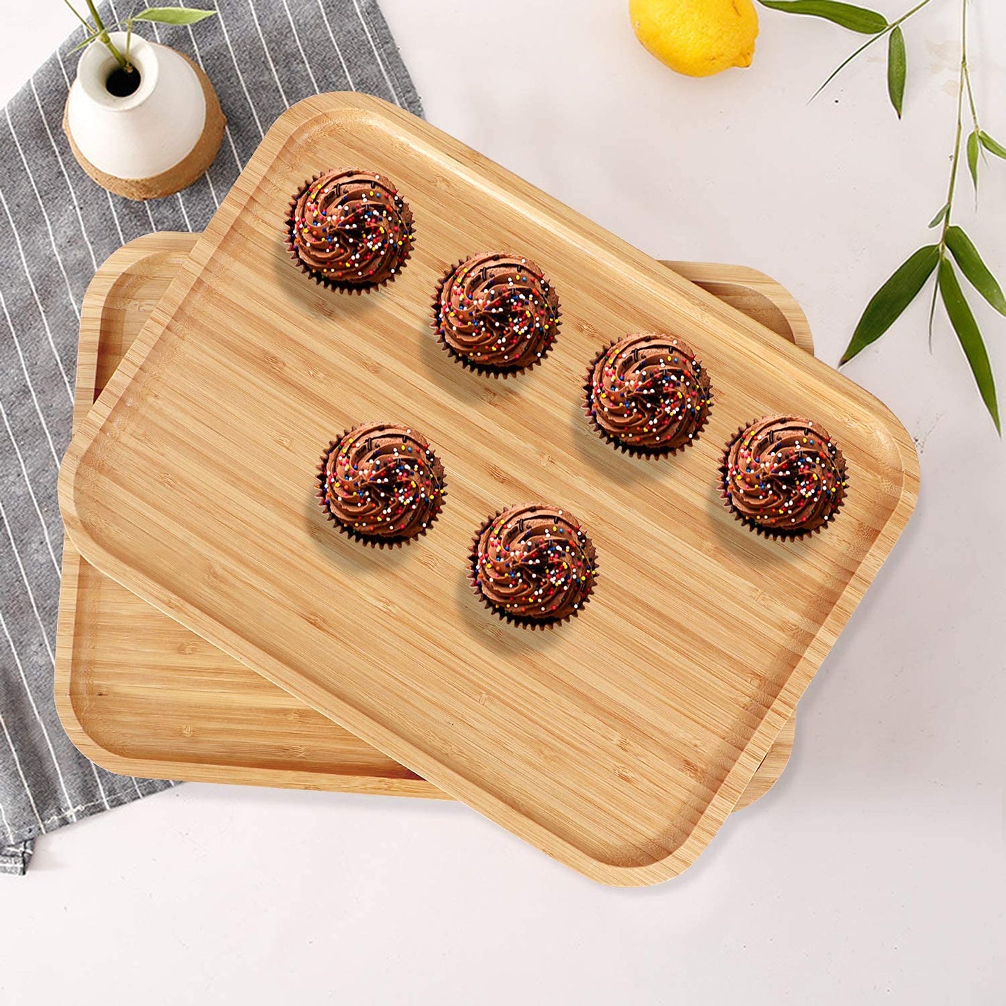 Wooden Bamboo Serving Tray, Beige, Large - Set of 2