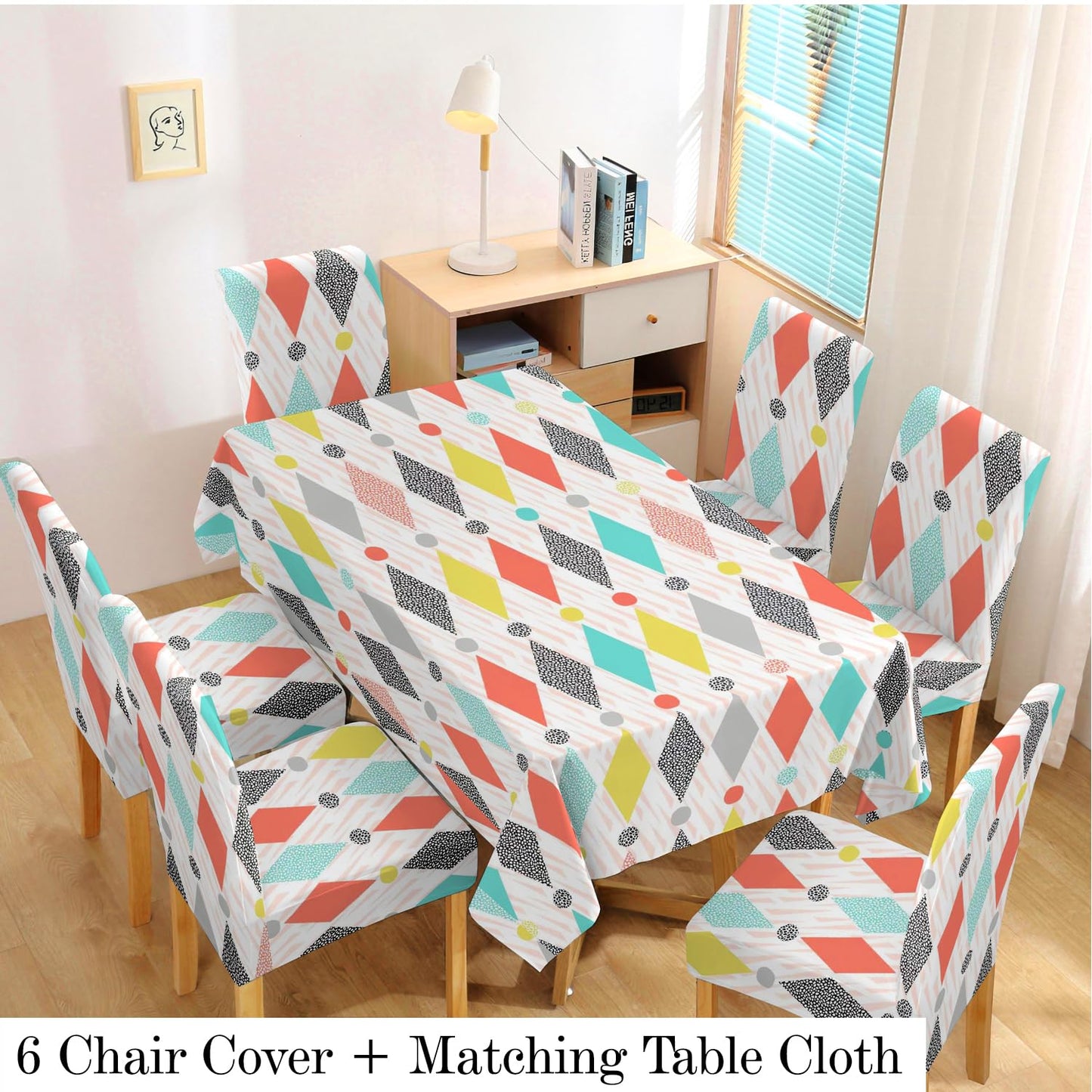 Elastic Dining Chair Covers Set of 4/6 with Matching Tablecloth, Rhombus Multicolor