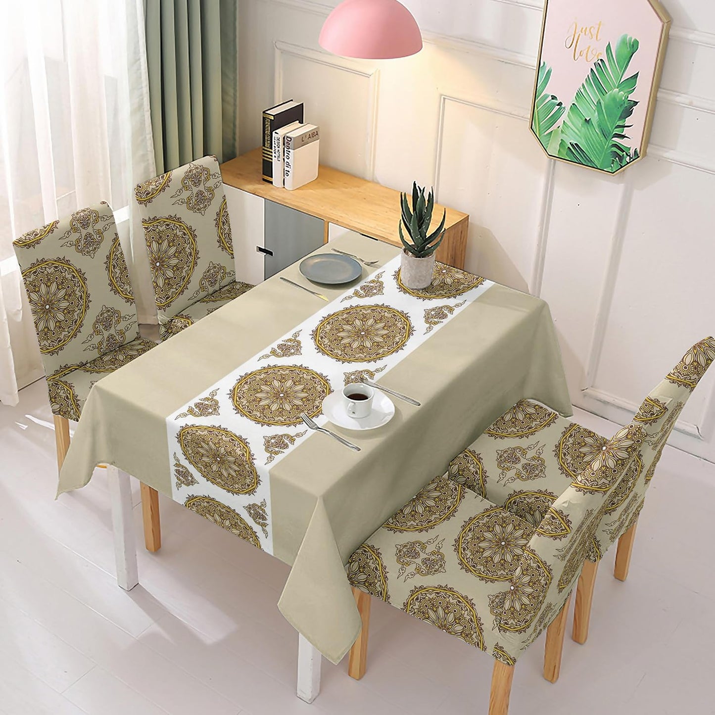 Polyester Dining Chair Covers Set of 4/6 with Matching Tablecloth, Mandala Sand Brown