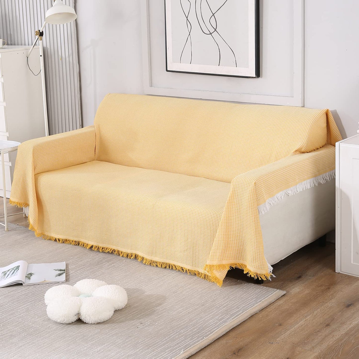 Yellow colour polycotton 3 seater sofa throw of size 180(D)x300(L)