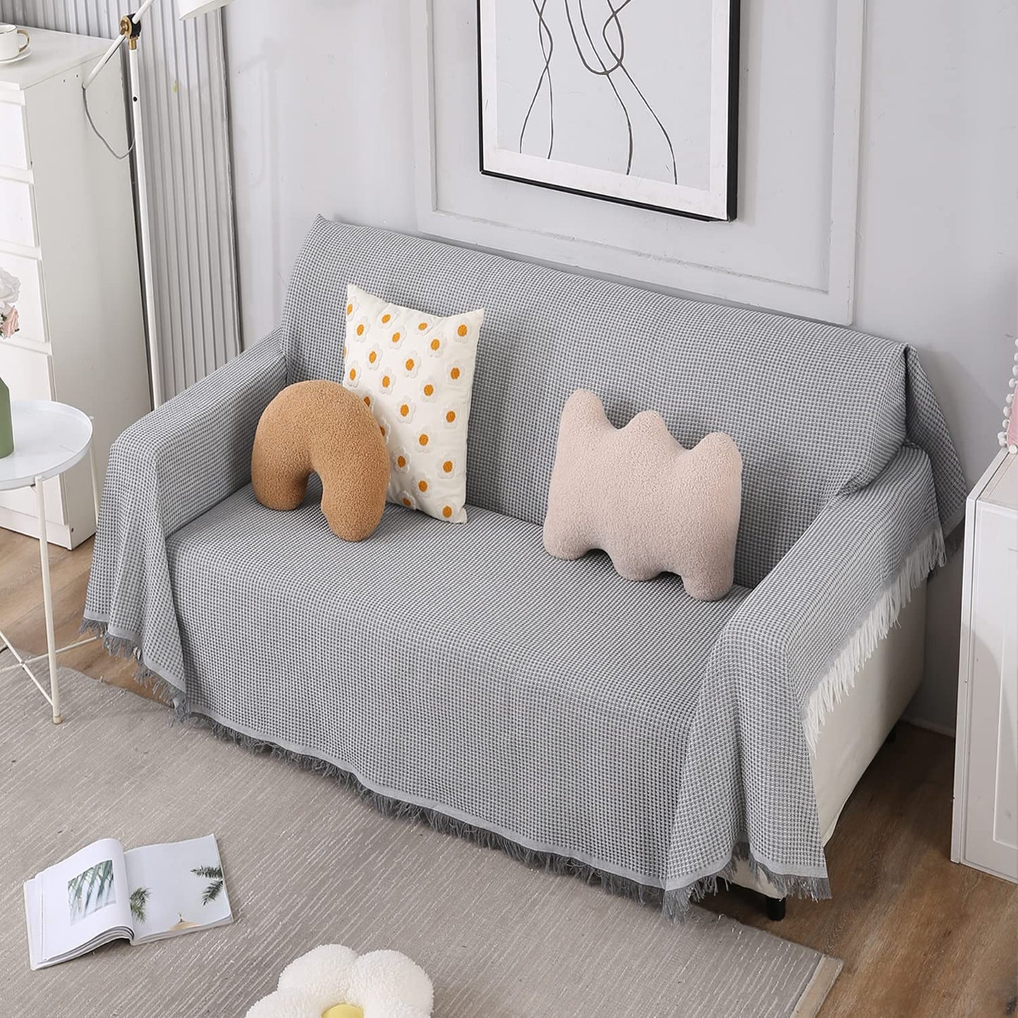 Grey polycotton sofa throw cover is machine washable, available for 1, 2, 3 seater sofas