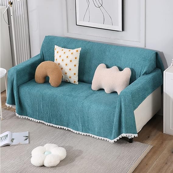 Blue chenille sofa throws, machine washable, & available for 1, 2, 3 seater sofas