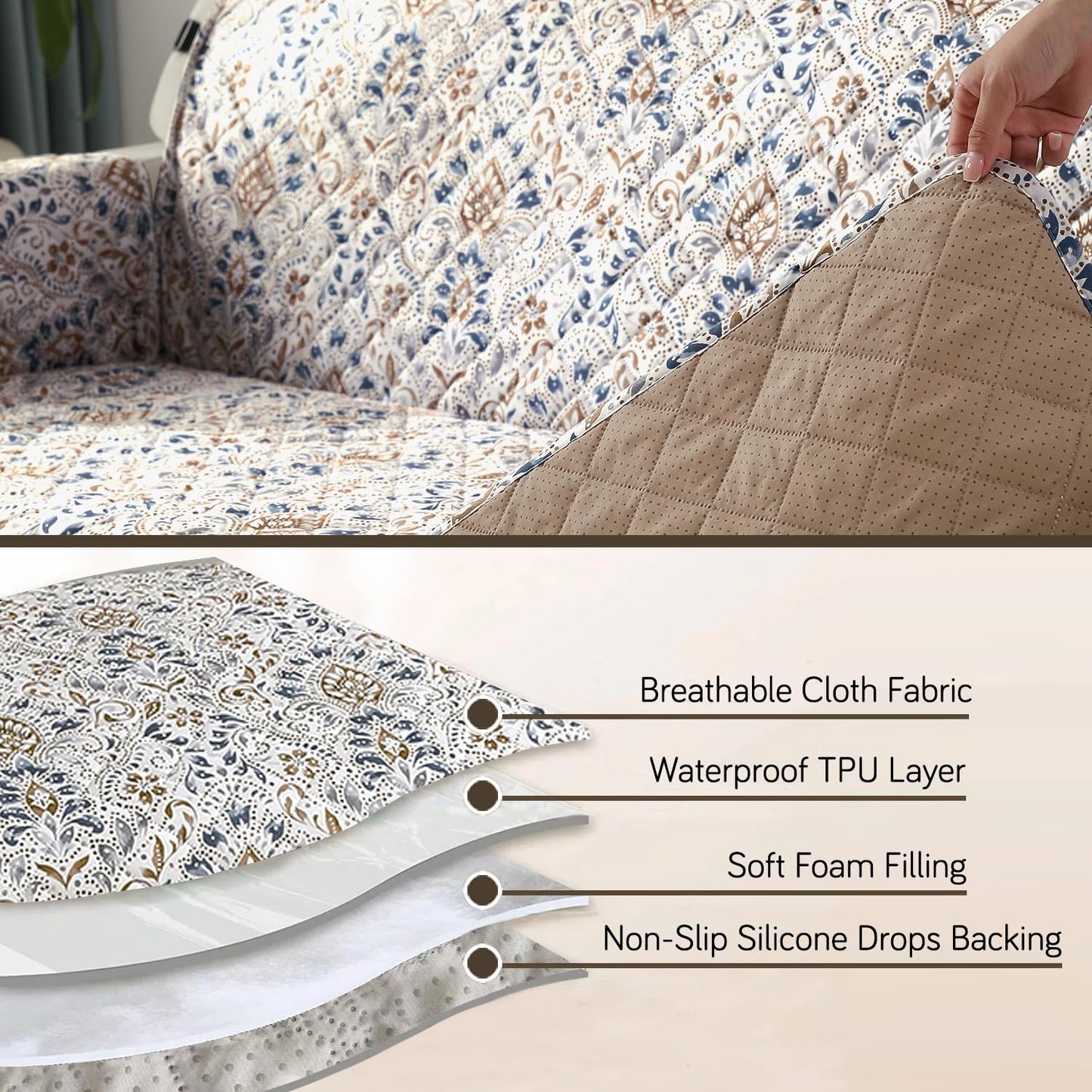Quilted Waterproof Sofa Cover Mat with Pockets on Armrest Cover -Damask White