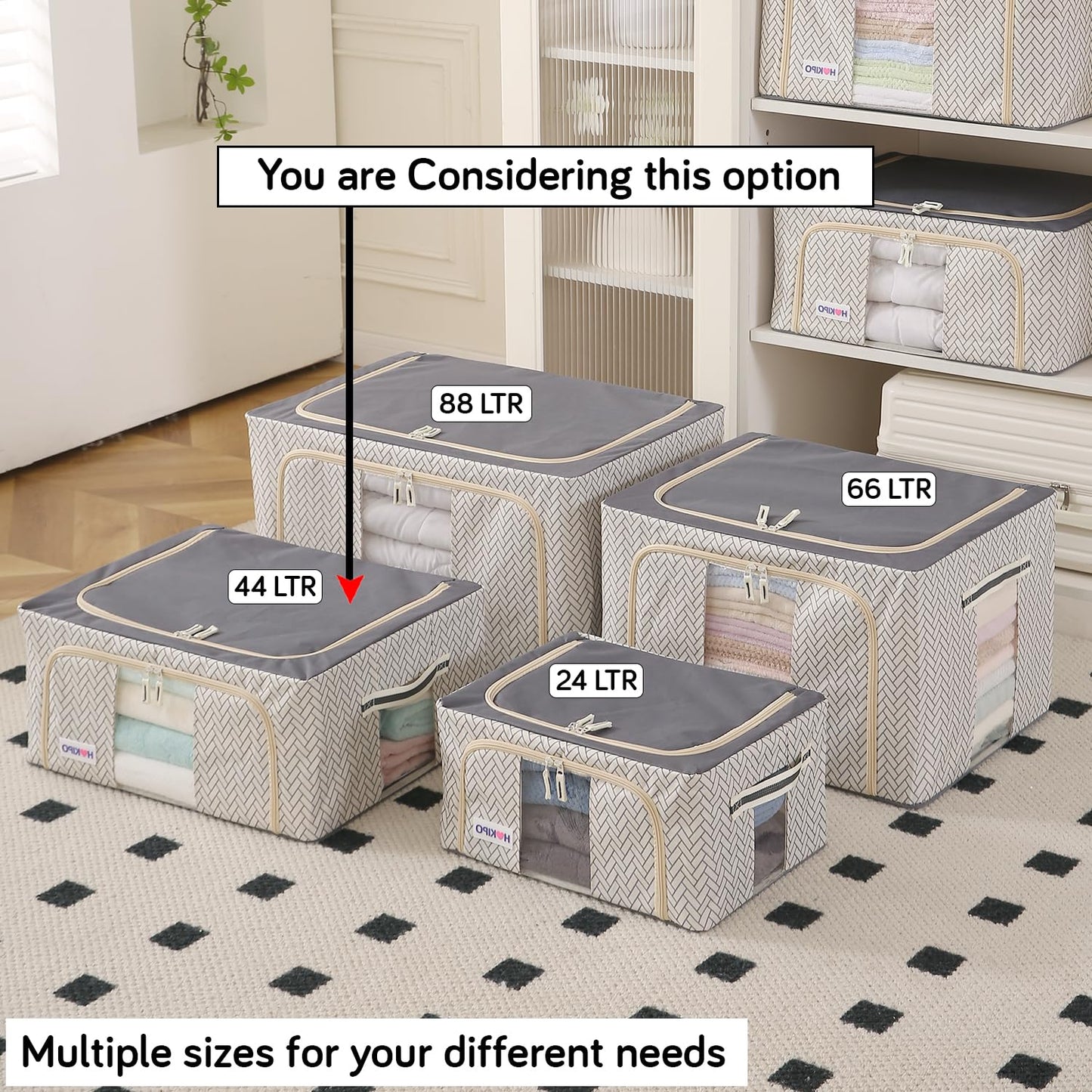 Wardrobe Organizer Storage Box | Foldable Cloth Storage Boxes with Metal Frame & Window | 600D Oxford Fabric, Cream Mist