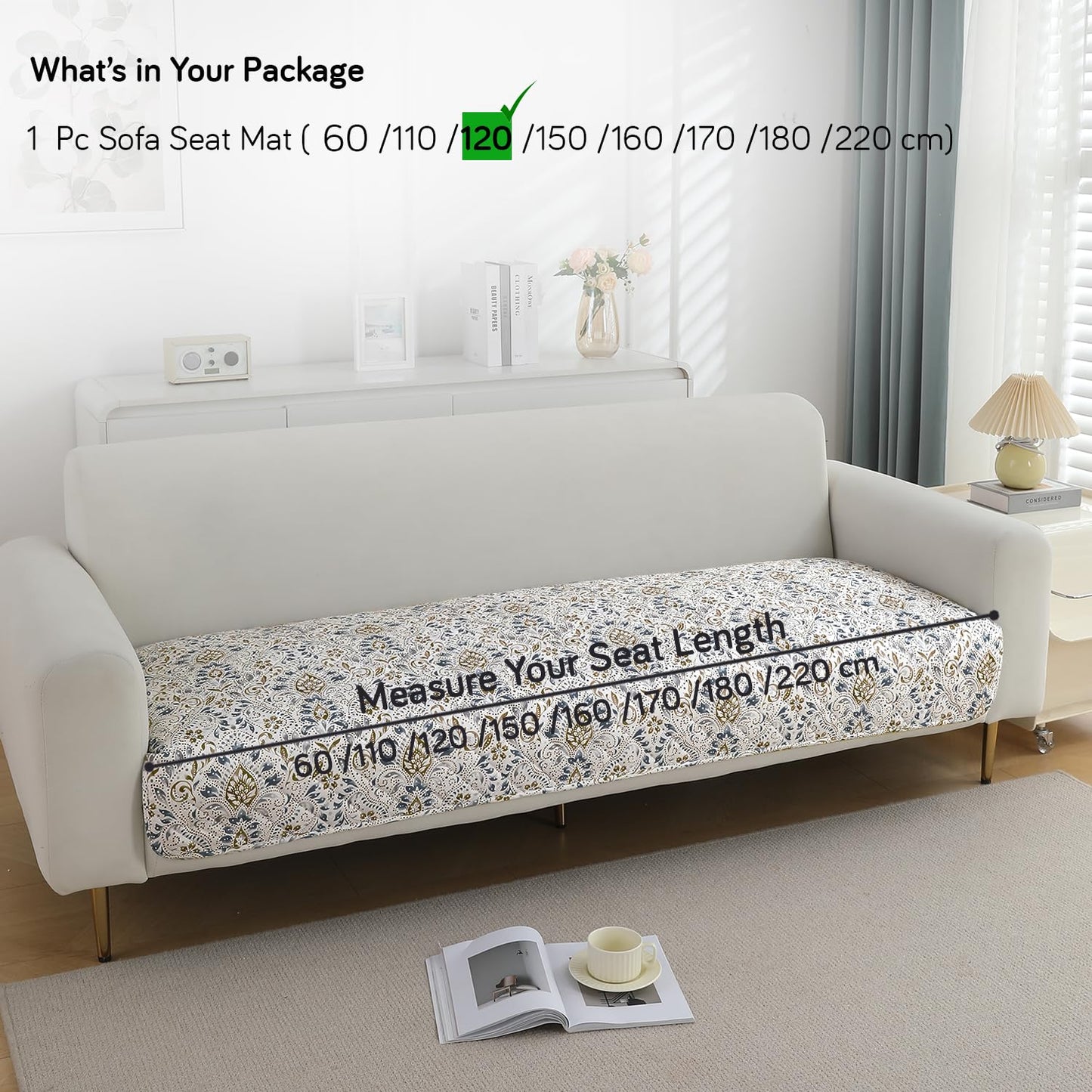 Quilted Waterproof and Anti-Slip Sofa Cover Mat, Damask White