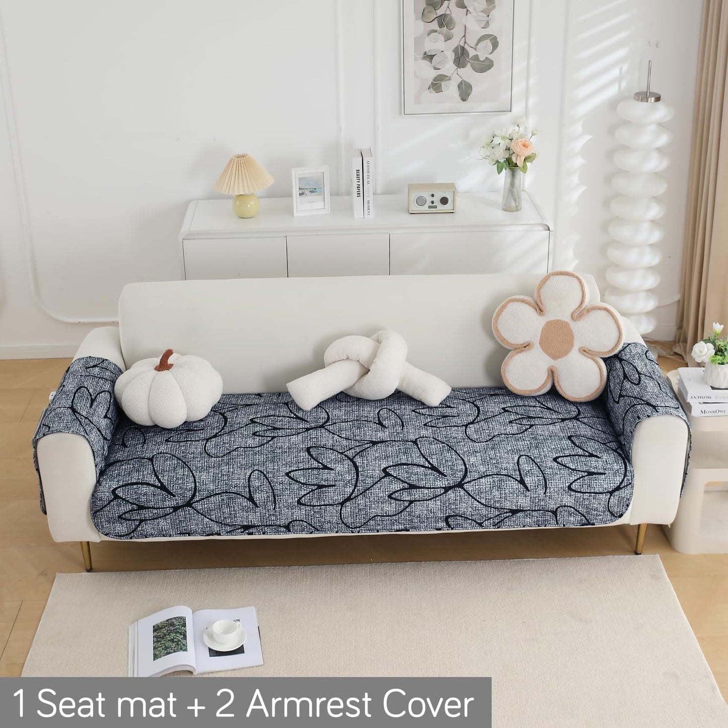 HOKIPO Waterproof Quilted Sofa Seat Mat for 1/2/3 Seater with 2 Armrest Covers with Pockets, Intense Grey Abstract Floral