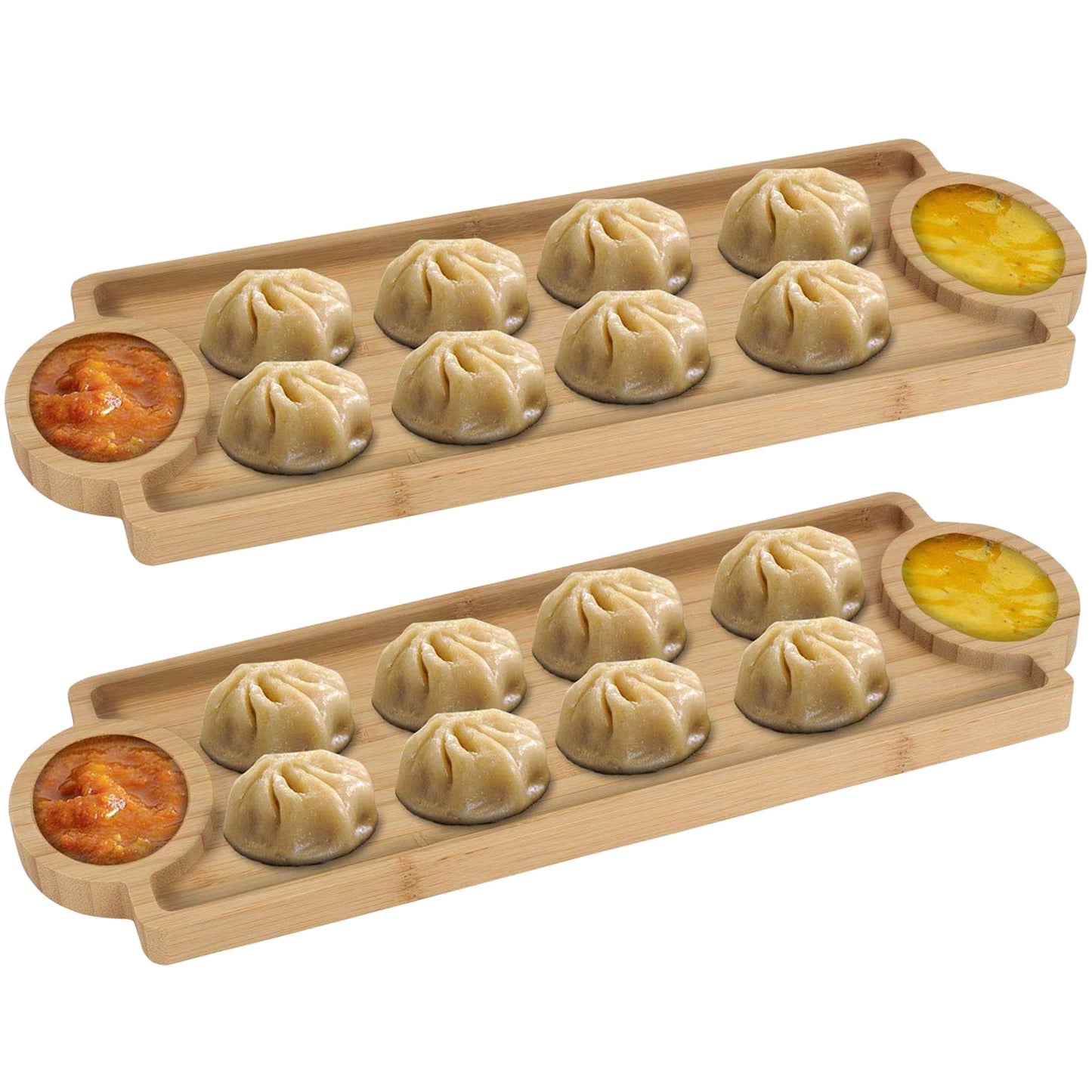 Wooden Bamboo Starter Serving Tray / Dip and Chips Platter - Pack of 2