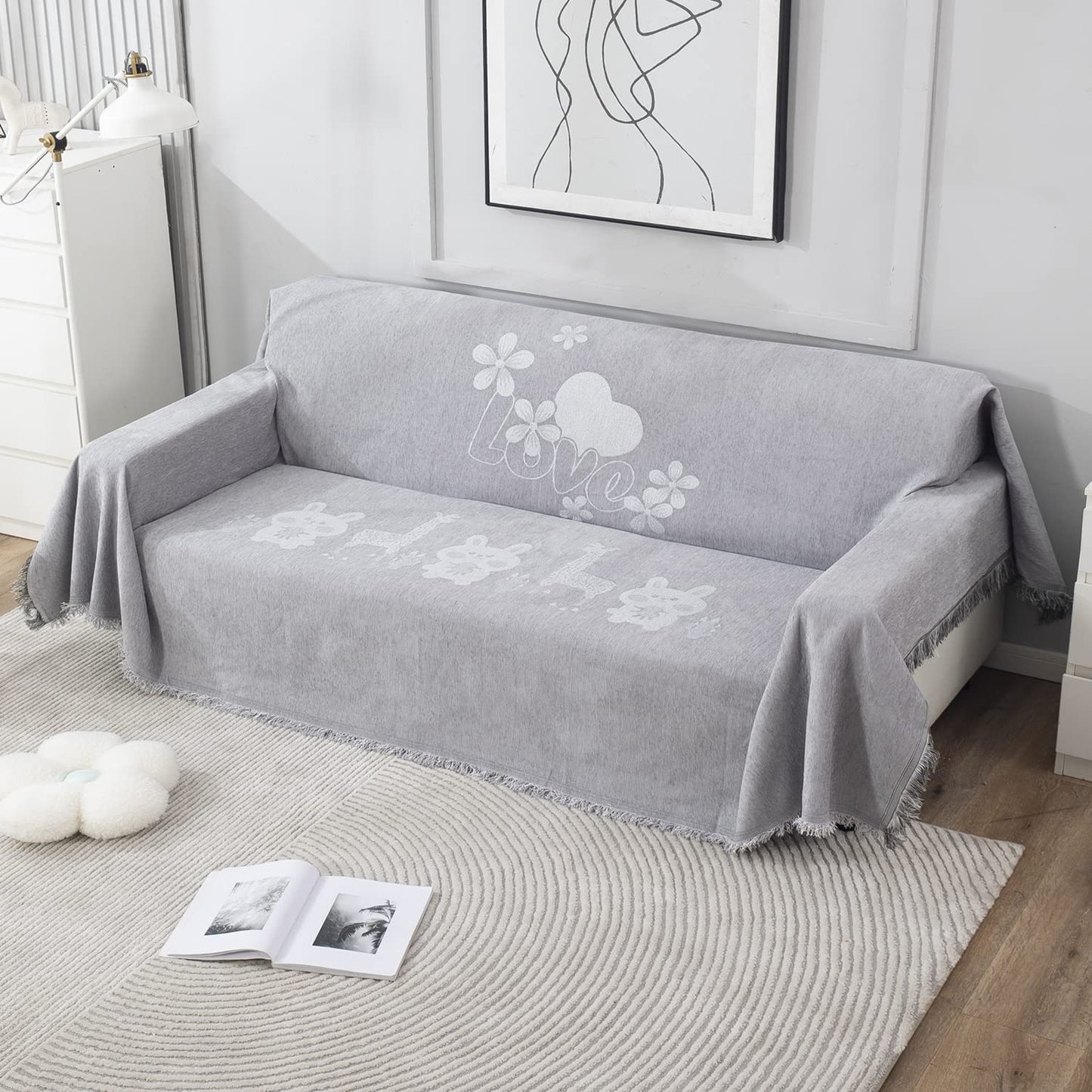 Thick, Soft and Pet Friendly Chenille Sofa Cover Throw, Grey Nature