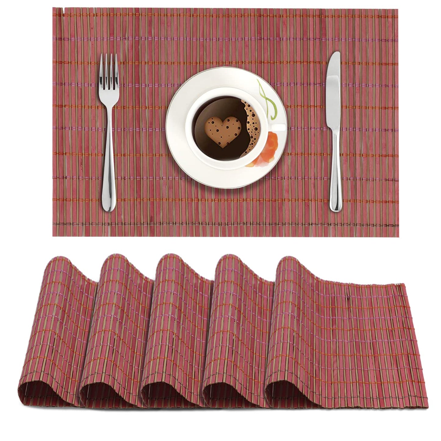 Reversible Bamboo Placemats for Dining Table Set of 6 Table Mats, 45x30 cm, Blush Red