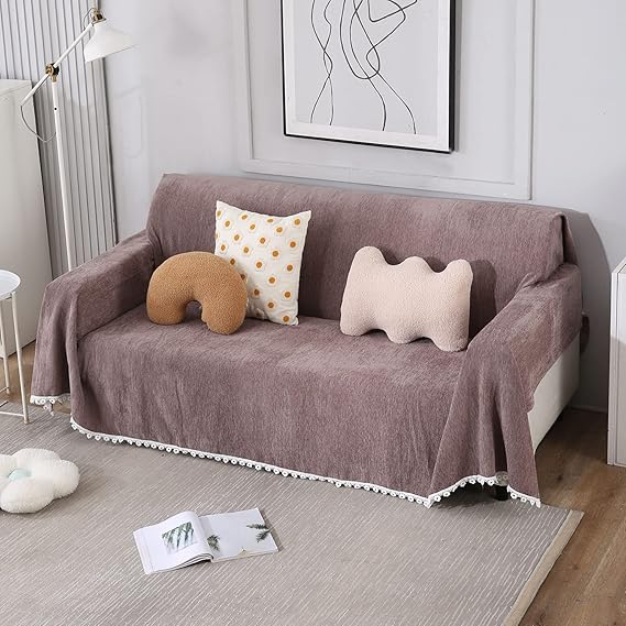 Brown chenille sofa throw cover is machine washable, available for 1, 2, 3 seater sofas